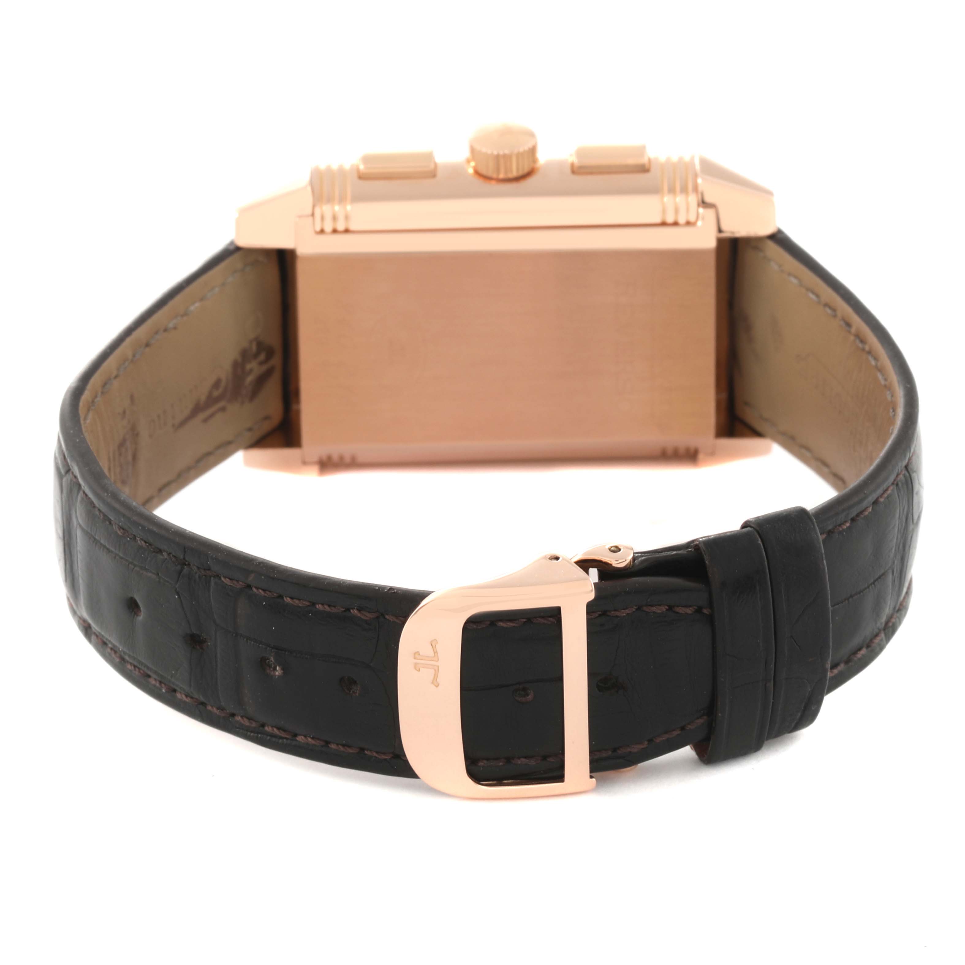 The image shows the back view and clasp of a Jaeger-LeCoultre Reverso watch.
