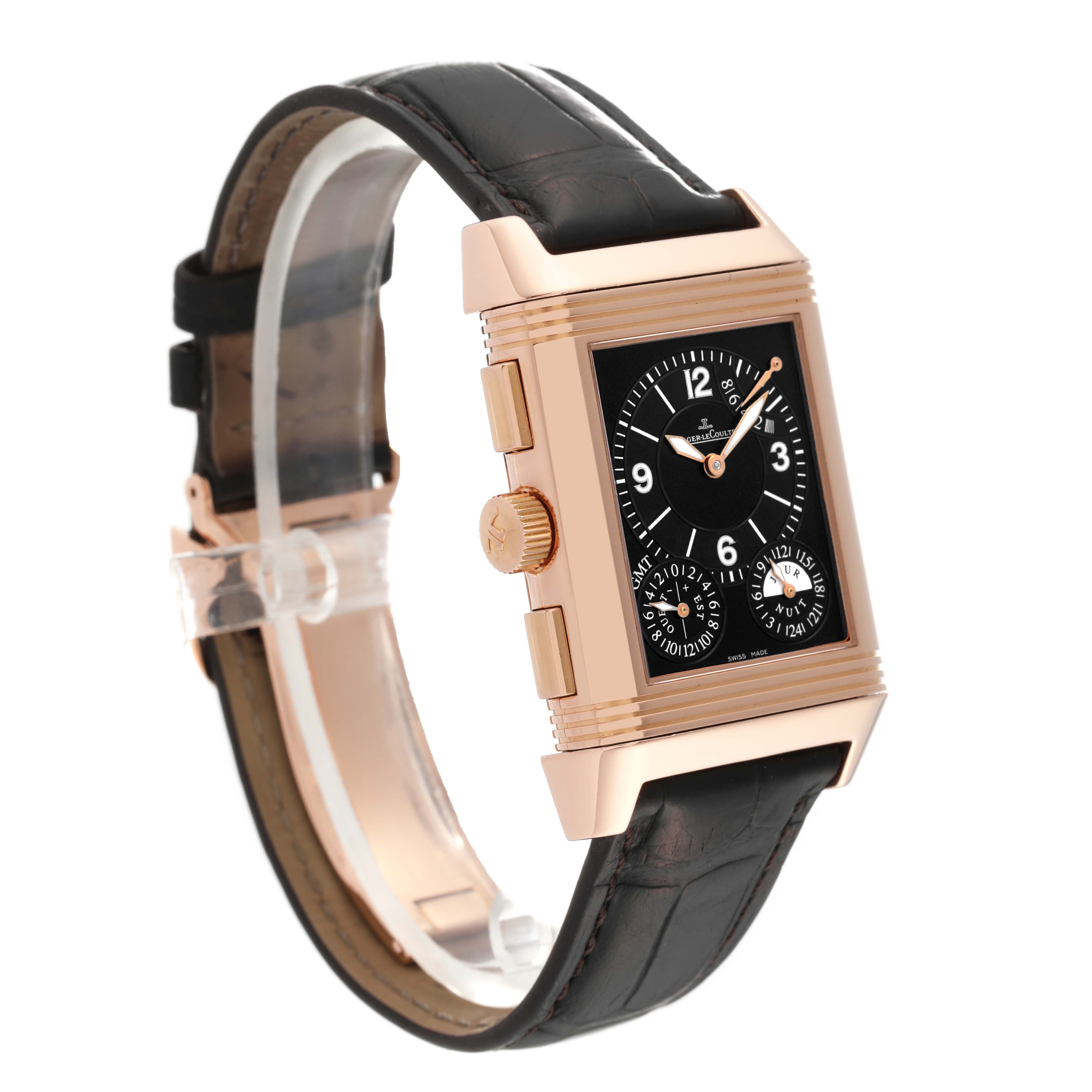The image shows a Jaeger-LeCoultre Reverso watch at a three-quarter angle, highlighting the face, crown, and leather strap.