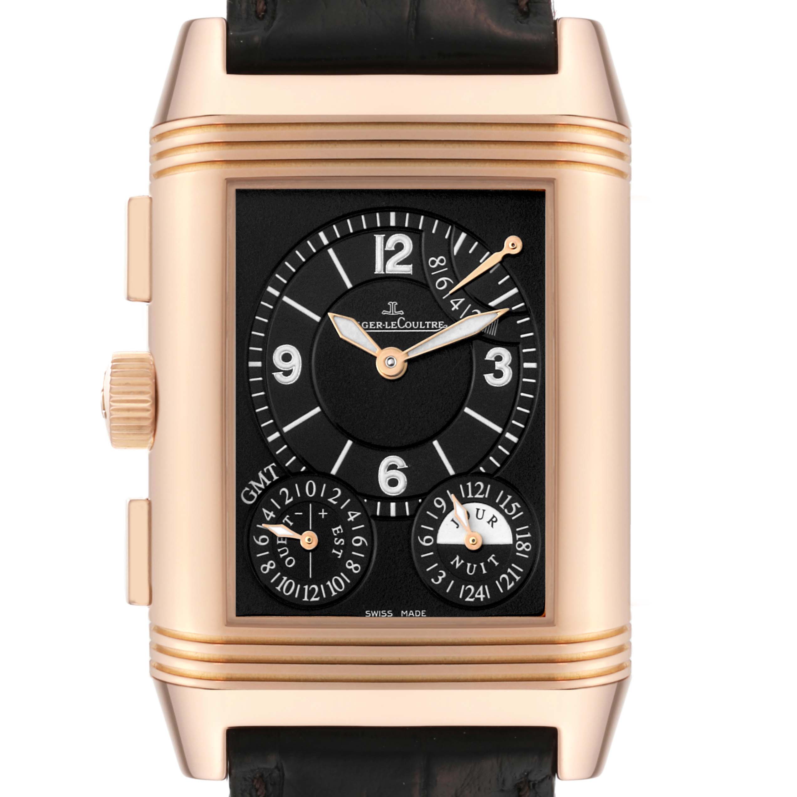 The image shows a front view of a Jaeger-LeCoultre Reverso watch, highlighting the dial and case details.