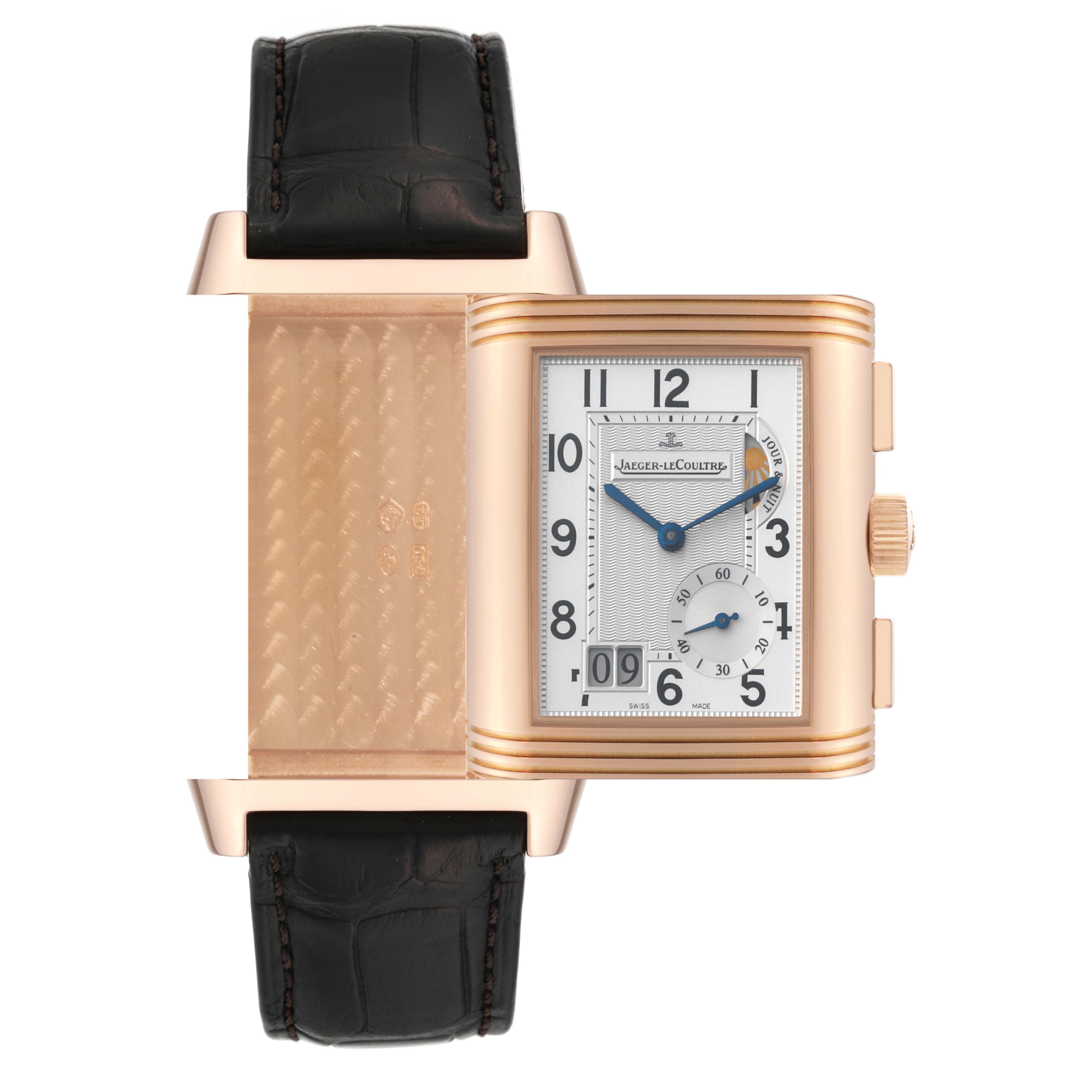This image of a Jaeger LeCoultre Reverso Q3022420 Men's Rose Gold Silver Dial Q3022420 Men's Rose Gold Silver Dial watch shows the front face with part of the case reversed to reveal the inner engraving.