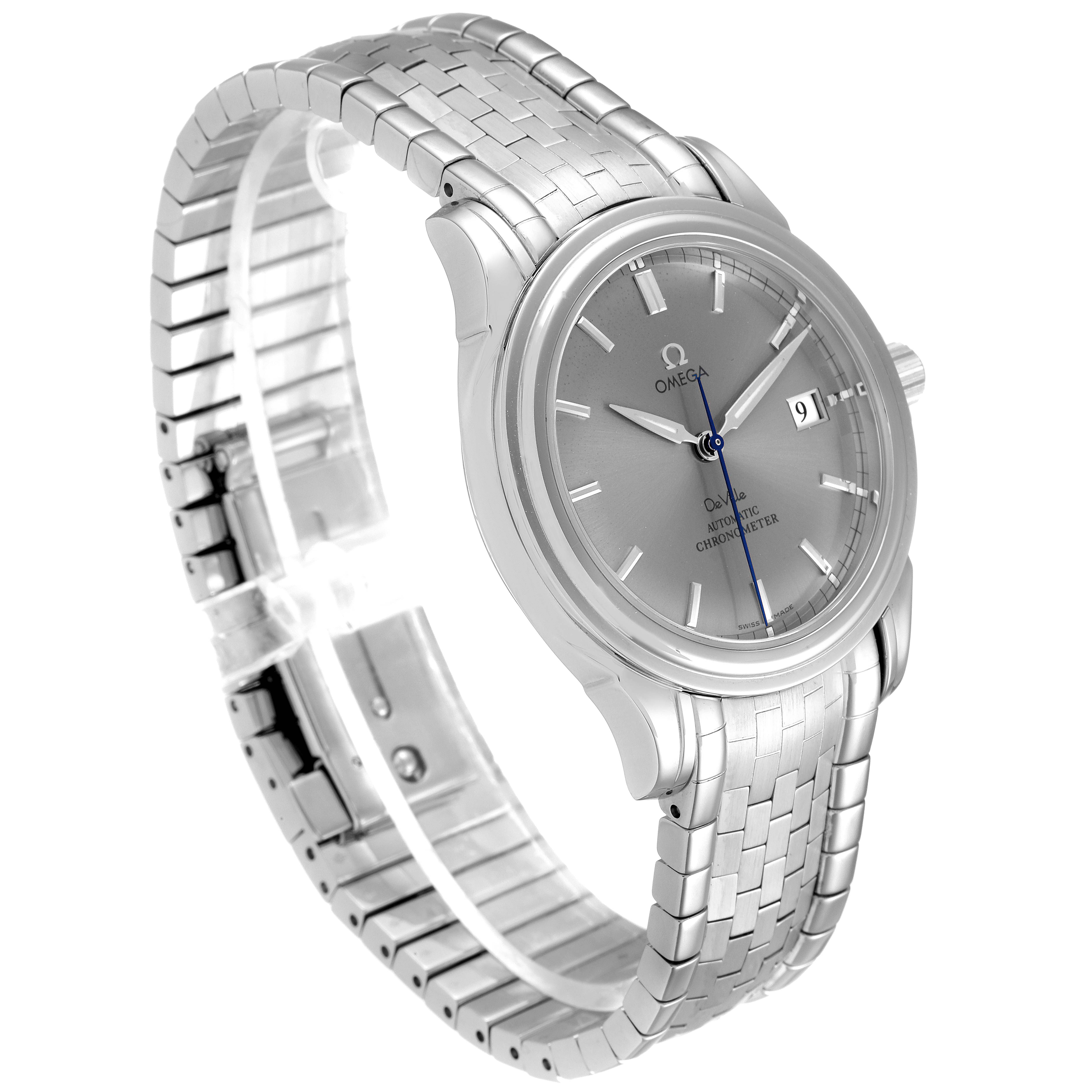 The image shows an angled view of an Omega De Ville 4531.40.00  Men's Stainless Steel Silver Dial 4531.40.00  Men's Stainless Steel Silver Dial watch, focusing on the dial and stainless steel bracelet.