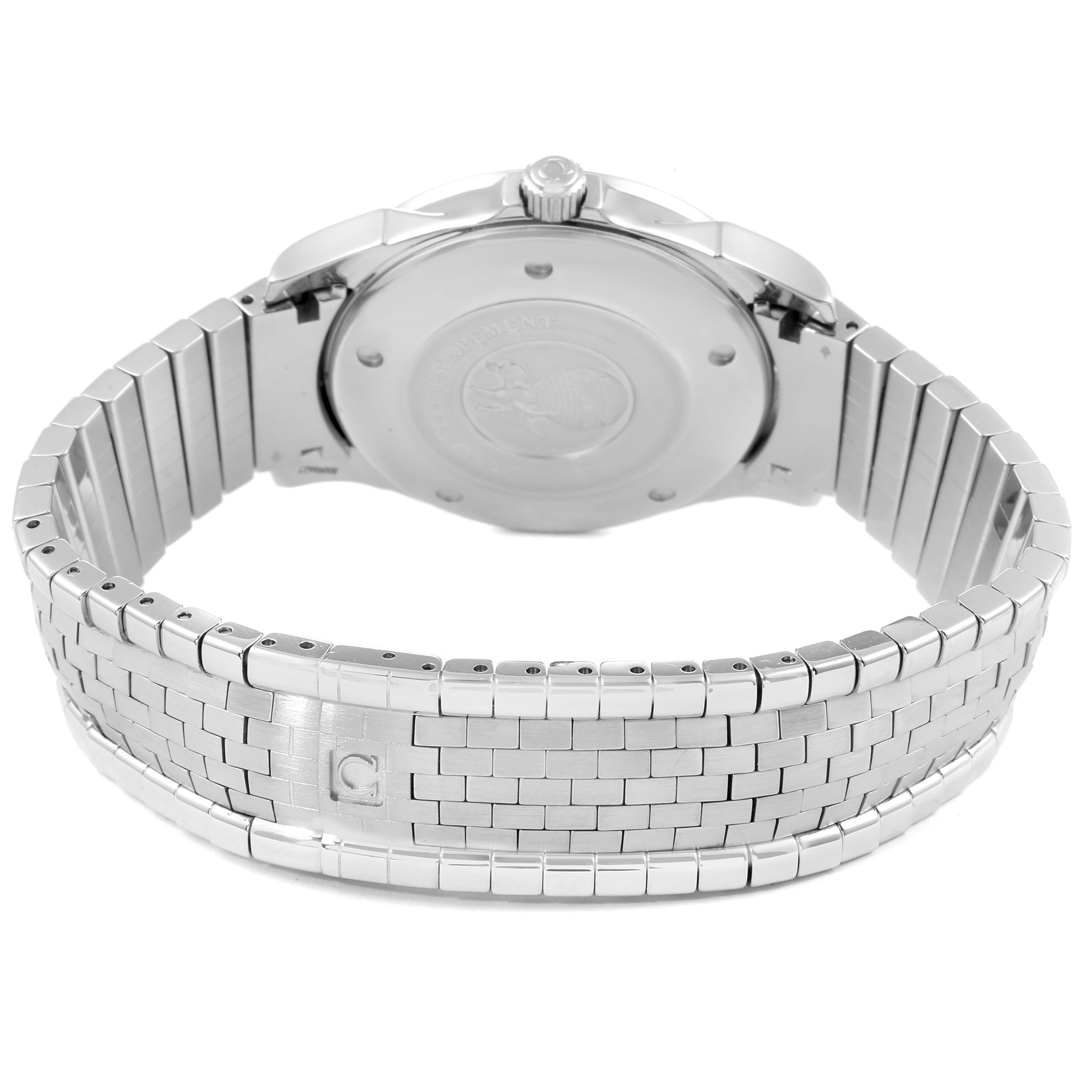 This image shows the back view of an Omega De Ville 4531.40.00  Men's Stainless Steel Silver Dial 4531.40.00  Men's Stainless Steel Silver Dial watch, highlighting the case back and metal bracelet.