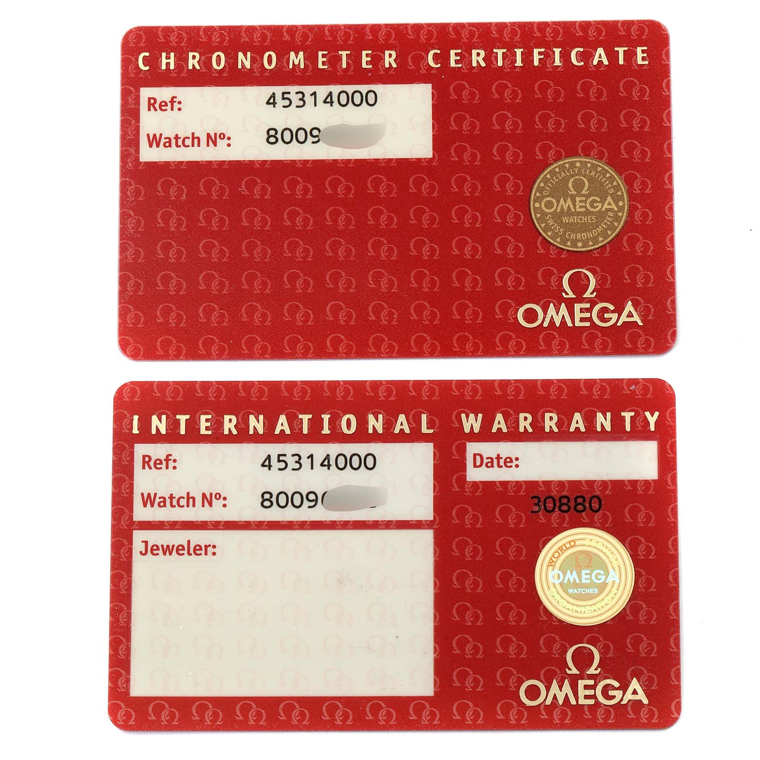 The image shows the Chronometer Certificate and International Warranty cards for the Omega De Ville 4531.40.00  Men's Stainless Steel Silver Dial 4531.40.00  Men's Stainless Steel Silver Dial watch model.