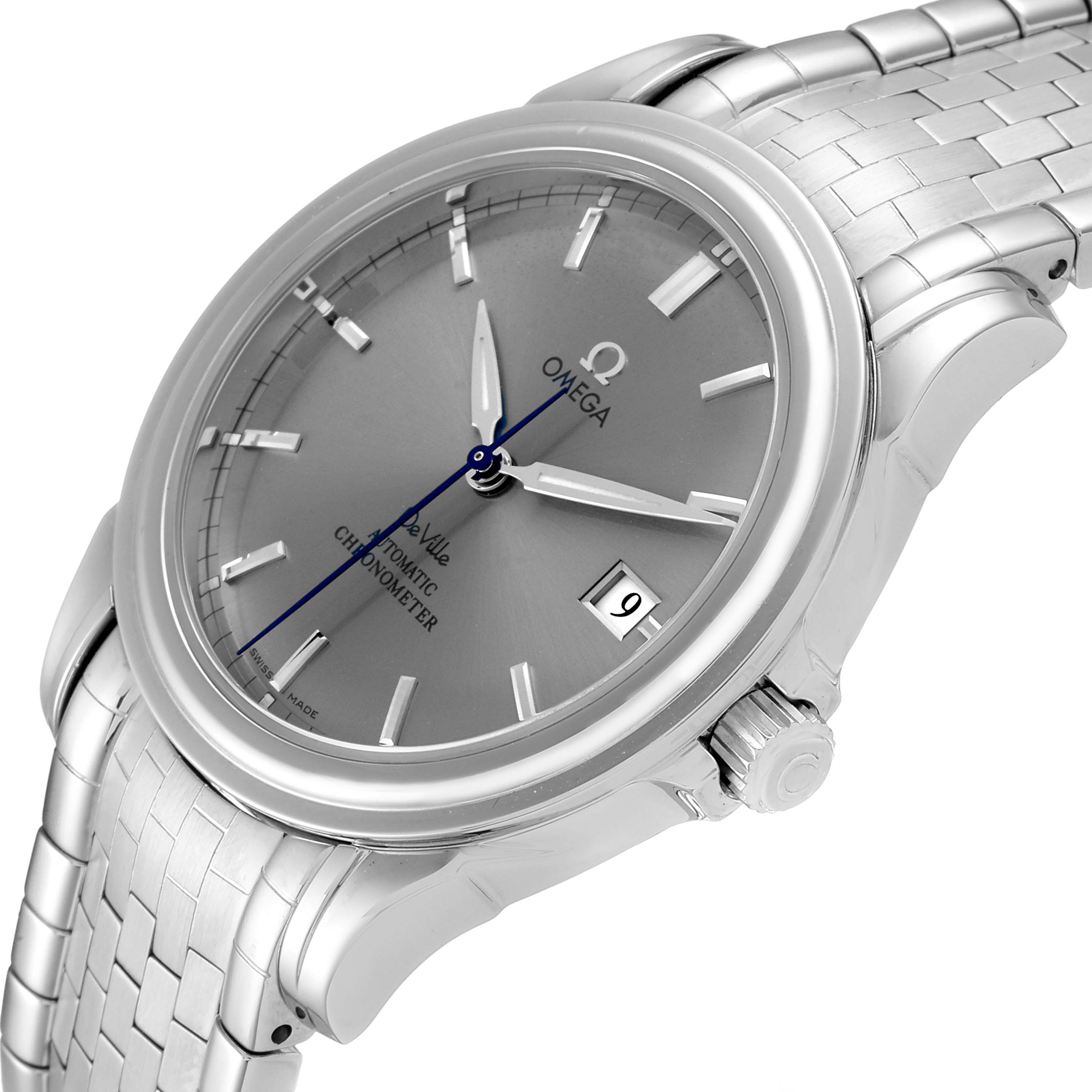 The image shows an angled view of an Omega De Ville 4531.40.00  Men's Stainless Steel Silver Dial 4531.40.00  Men's Stainless Steel Silver Dial watch, highlighting the dial, crown, and part of the bracelet.