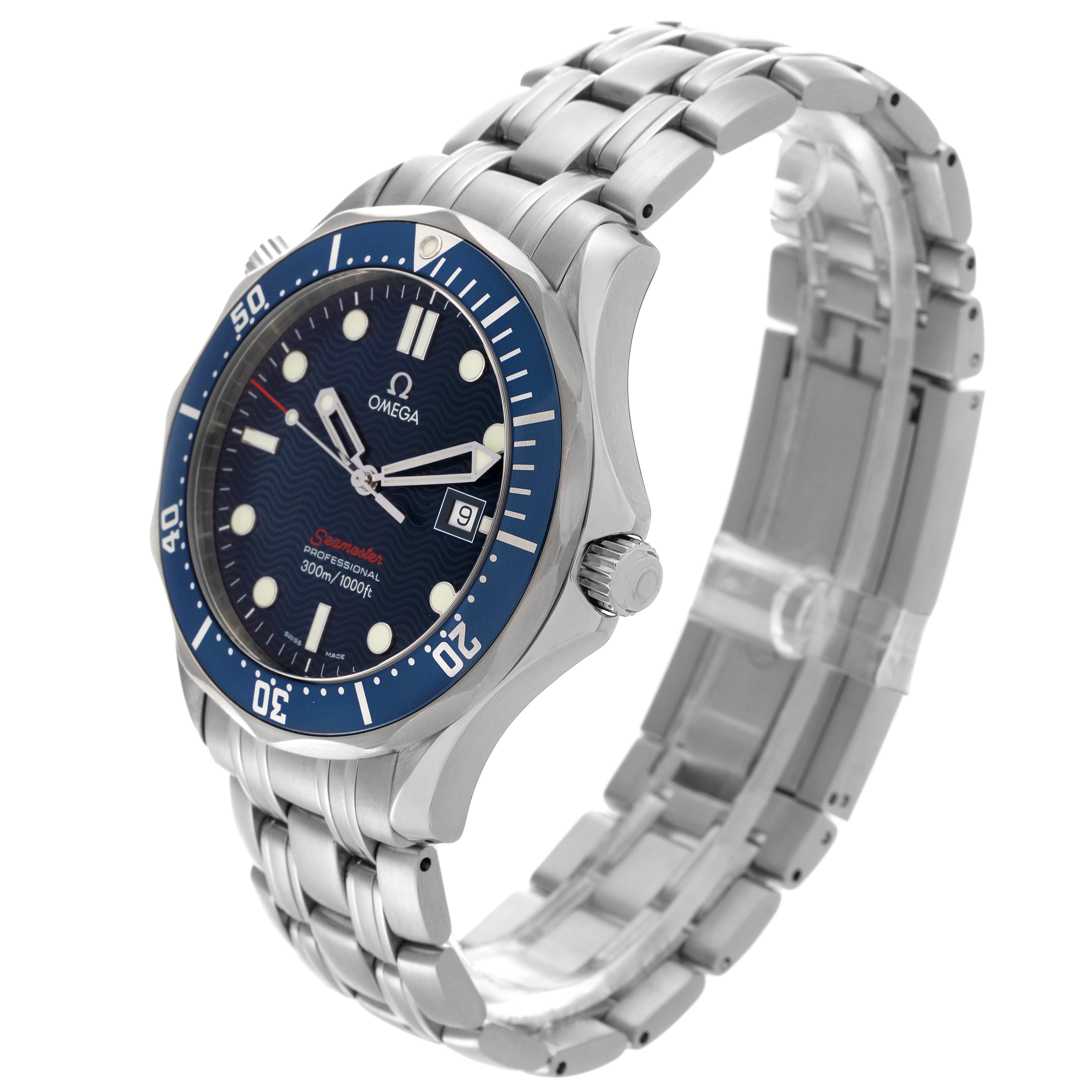 The Omega Seamaster 2221.80.00 Men's Stainless Steel Blue Dial 2221.80.00 Men's Stainless Steel Blue Dial watch is shown at a slight angle, highlighting the bezel, dial, crown, and stainless steel bracelet.