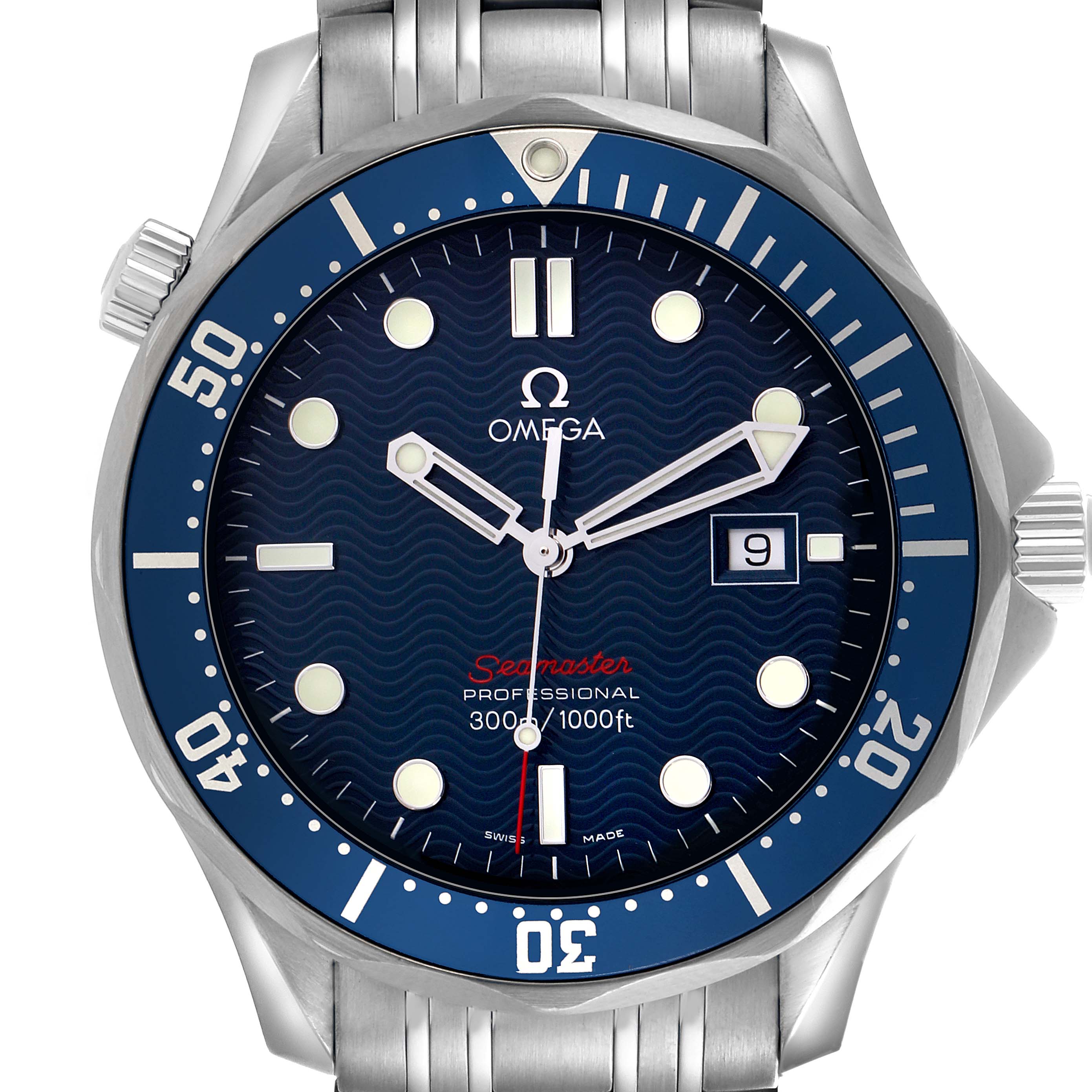 The Omega Seamaster 2221.80.00 Men's Stainless Steel Blue Dial 2221.80.00 Men's Stainless Steel Blue Dial is shown from the front, displaying its blue dial, silver bezel, and part of the metal bracelet.