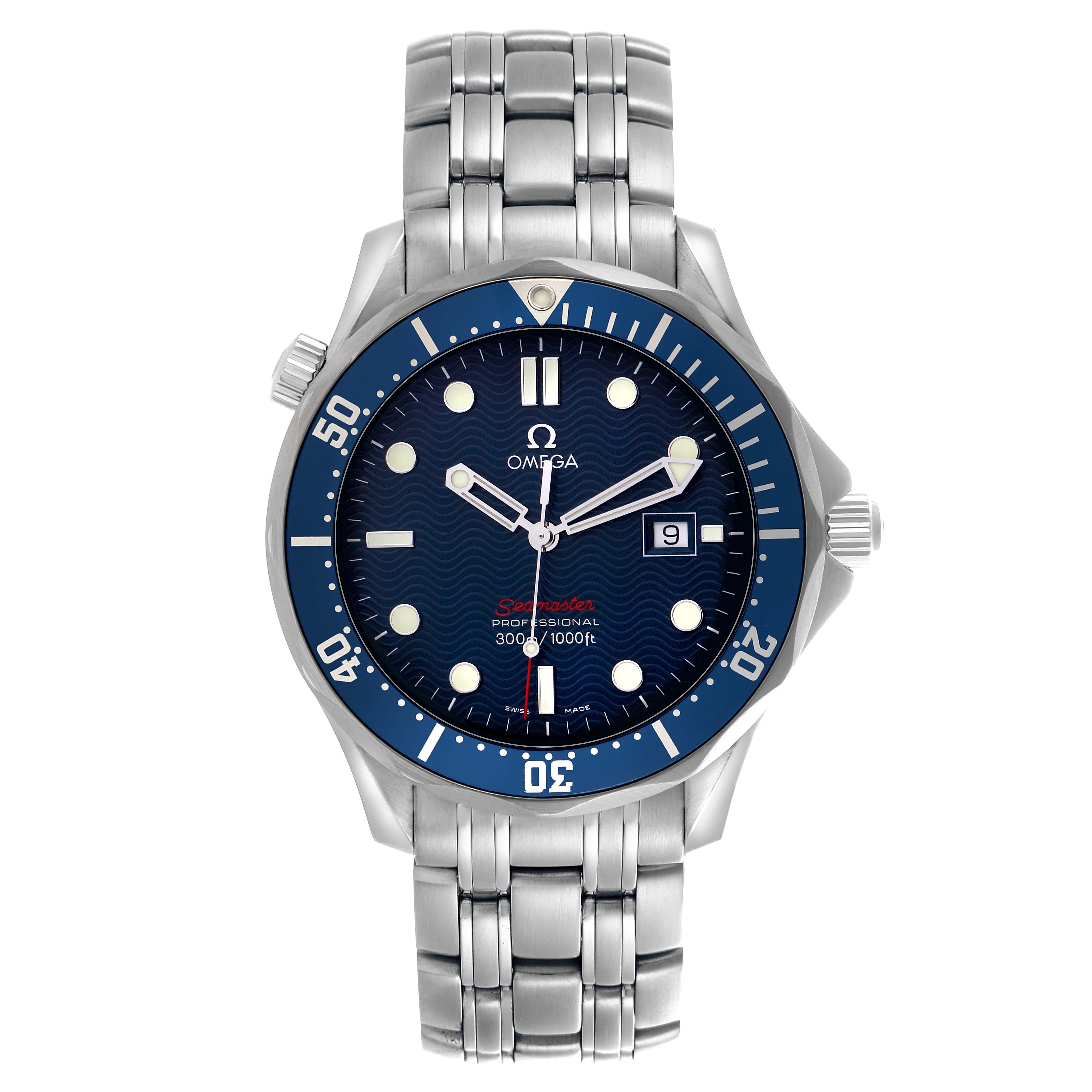 The Omega Seamaster 2221.80.00 Men's Stainless Steel Blue Dial 2221.80.00 Men's Stainless Steel Blue Dial watch is shown from a front angle, displaying the bezel, dial, hands, bracelet, and date window.