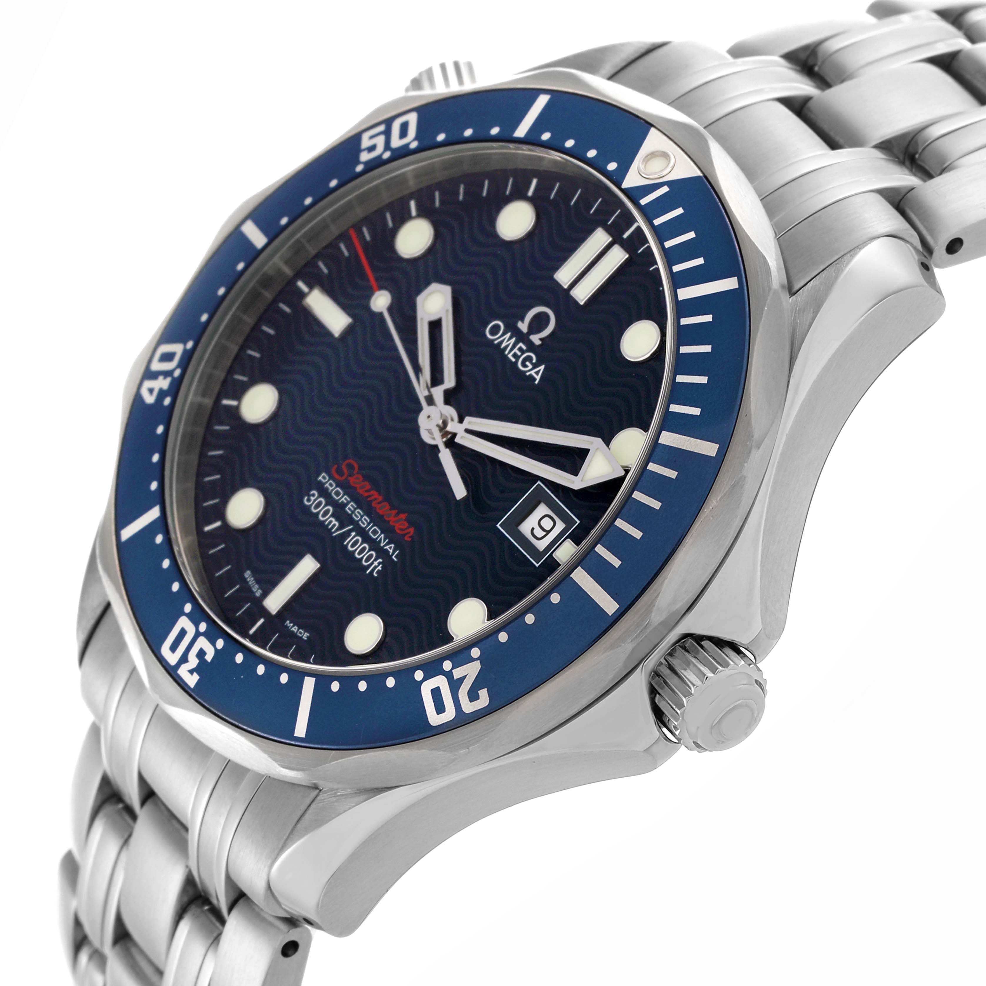 The Omega Seamaster 2221.80.00 Men's Stainless Steel Blue Dial 2221.80.00 Men's Stainless Steel Blue Dial watch is shown at a slight angle, highlighting the bezel, dial, crown, and bracelet.