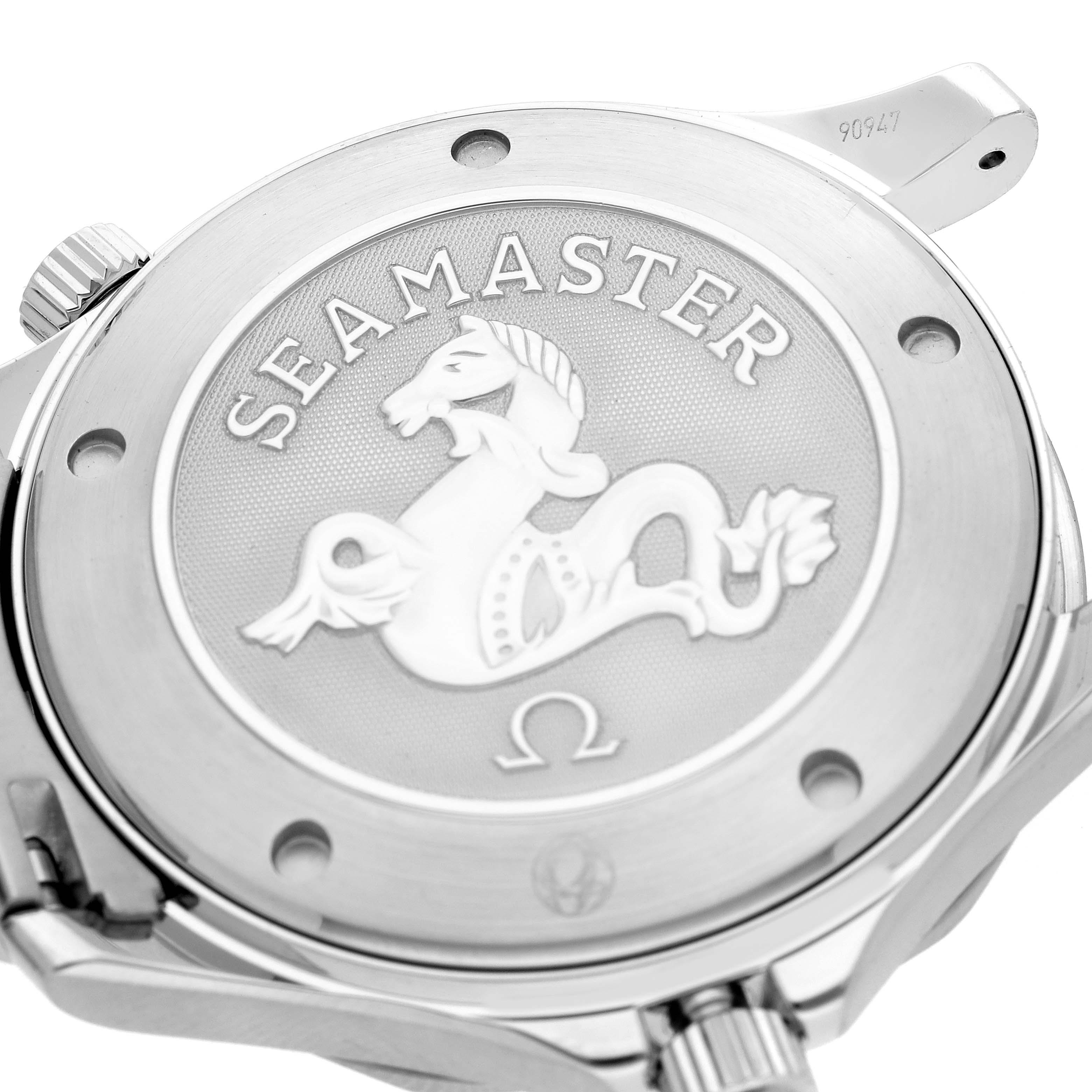 The image shows the back case of the Omega Seamaster 2221.80.00 Men's Stainless Steel Blue Dial 2221.80.00 Men's Stainless Steel Blue Dial watch featuring its embossed logo and crown, viewed from a close-up angle.