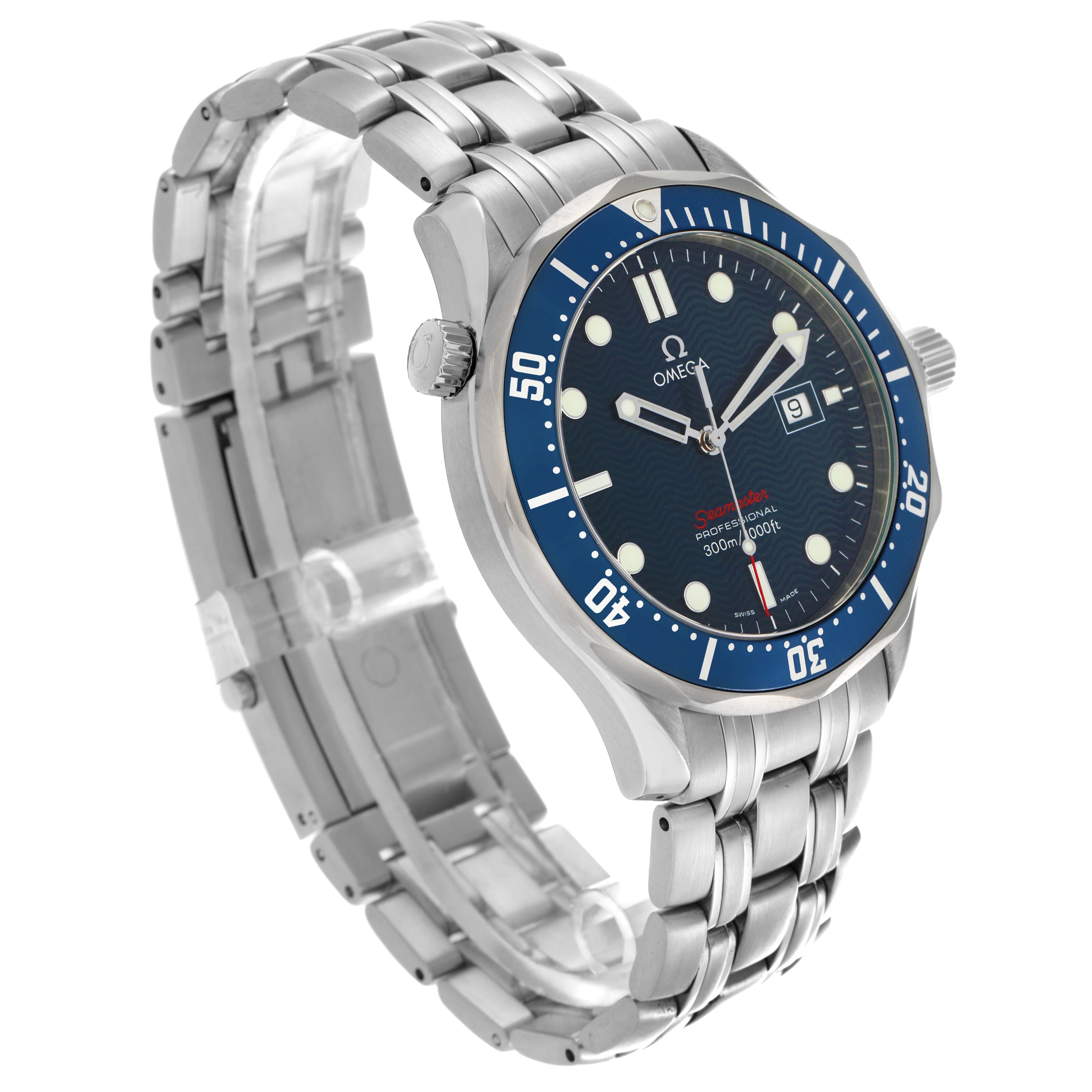 The Omega Seamaster 2221.80.00 Men's Stainless Steel Blue Dial 2221.80.00 Men's Stainless Steel Blue Dial watch is shown at a three-quarter angle, highlighting its face, bezel, and metal bracelet.
