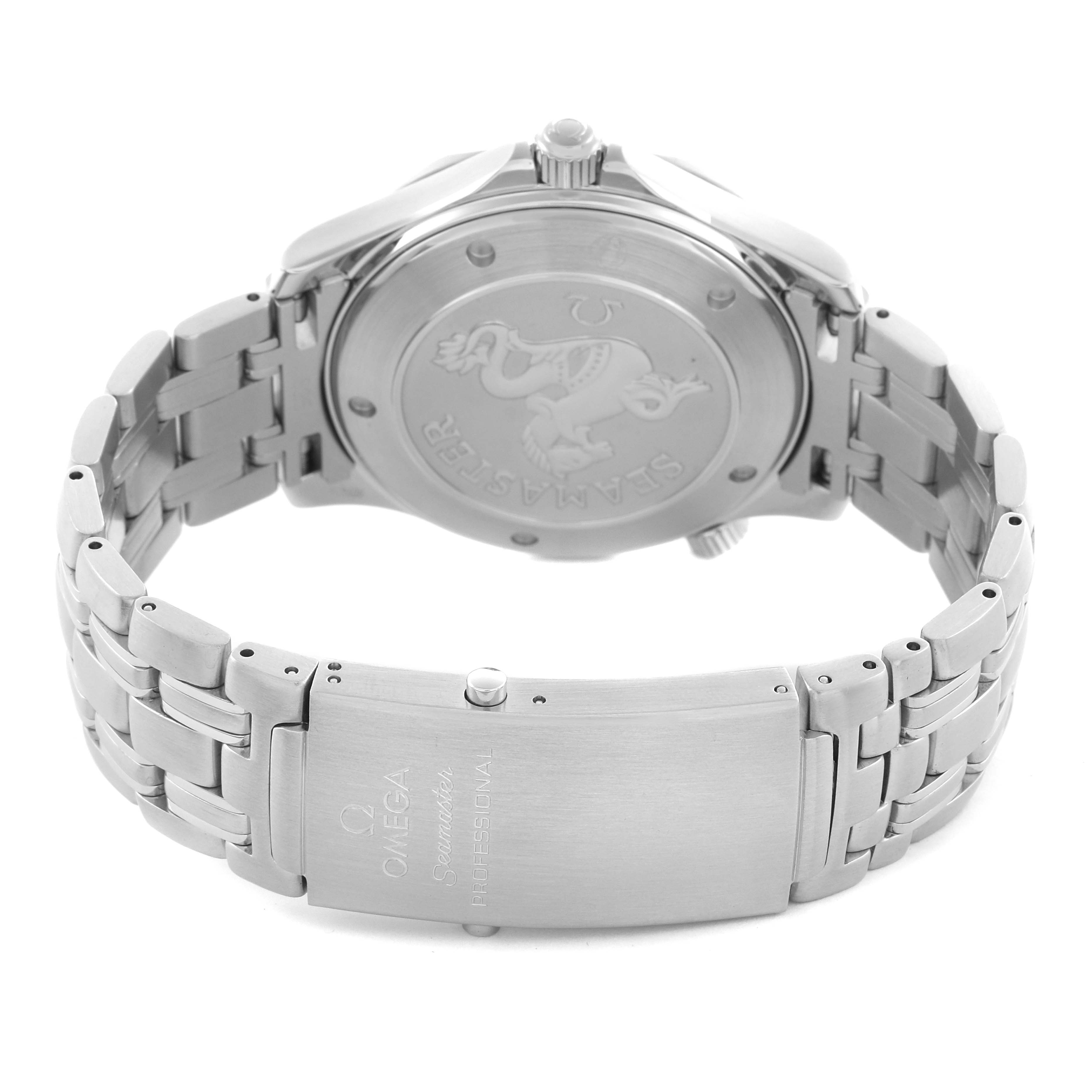 The Omega Seamaster 2221.80.00 Men's Stainless Steel Blue Dial 2221.80.00 Men's Stainless Steel Blue Dial watch is shown from the back, highlighting the case back and stainless steel bracelet with branding on the clasp.