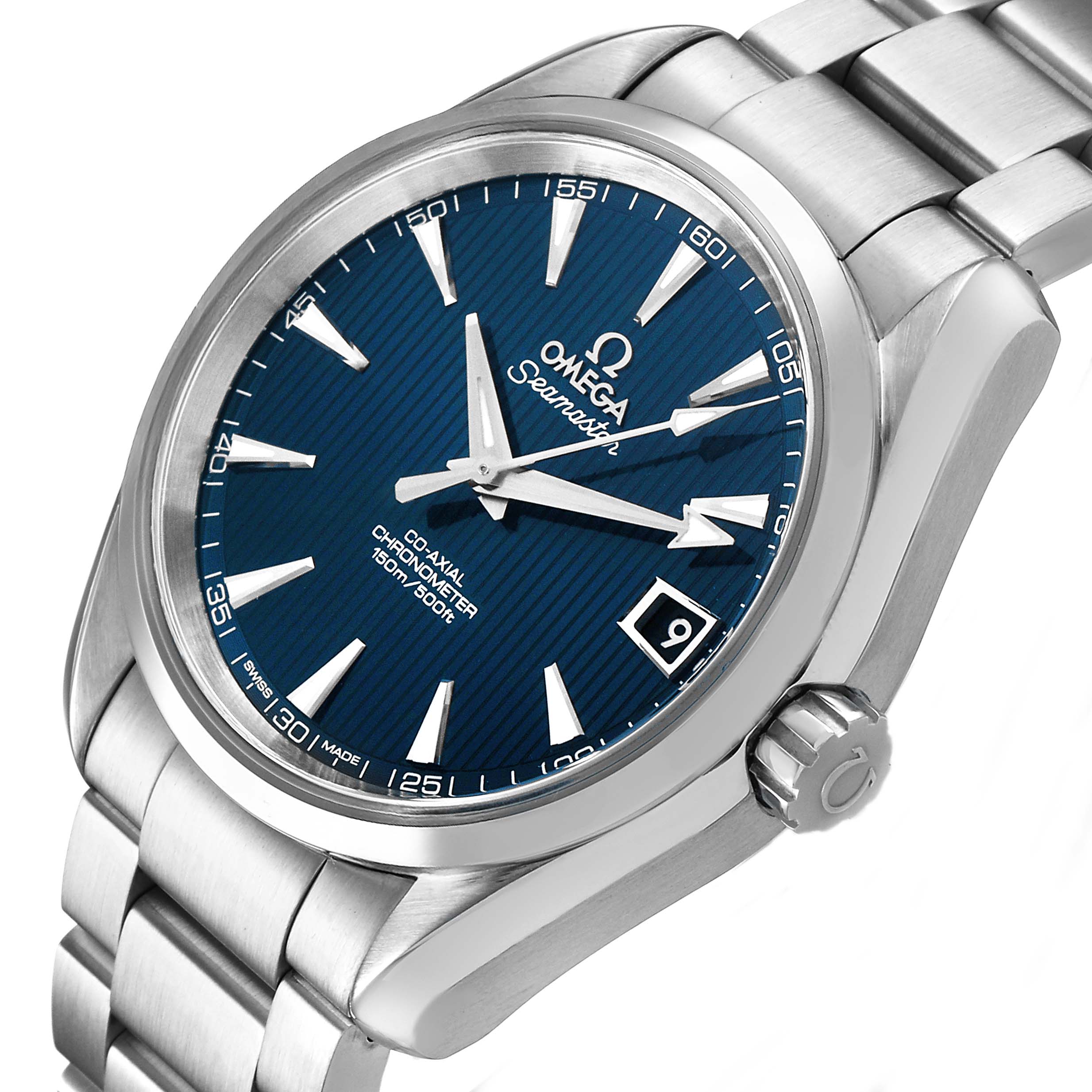 The image shows an angled view of the Omega Aqua Terra 231.10.39.21.03.001 Men's Stainless Steel Blue Dial watch, highlighting its blue dial, bezel, and bracelet.