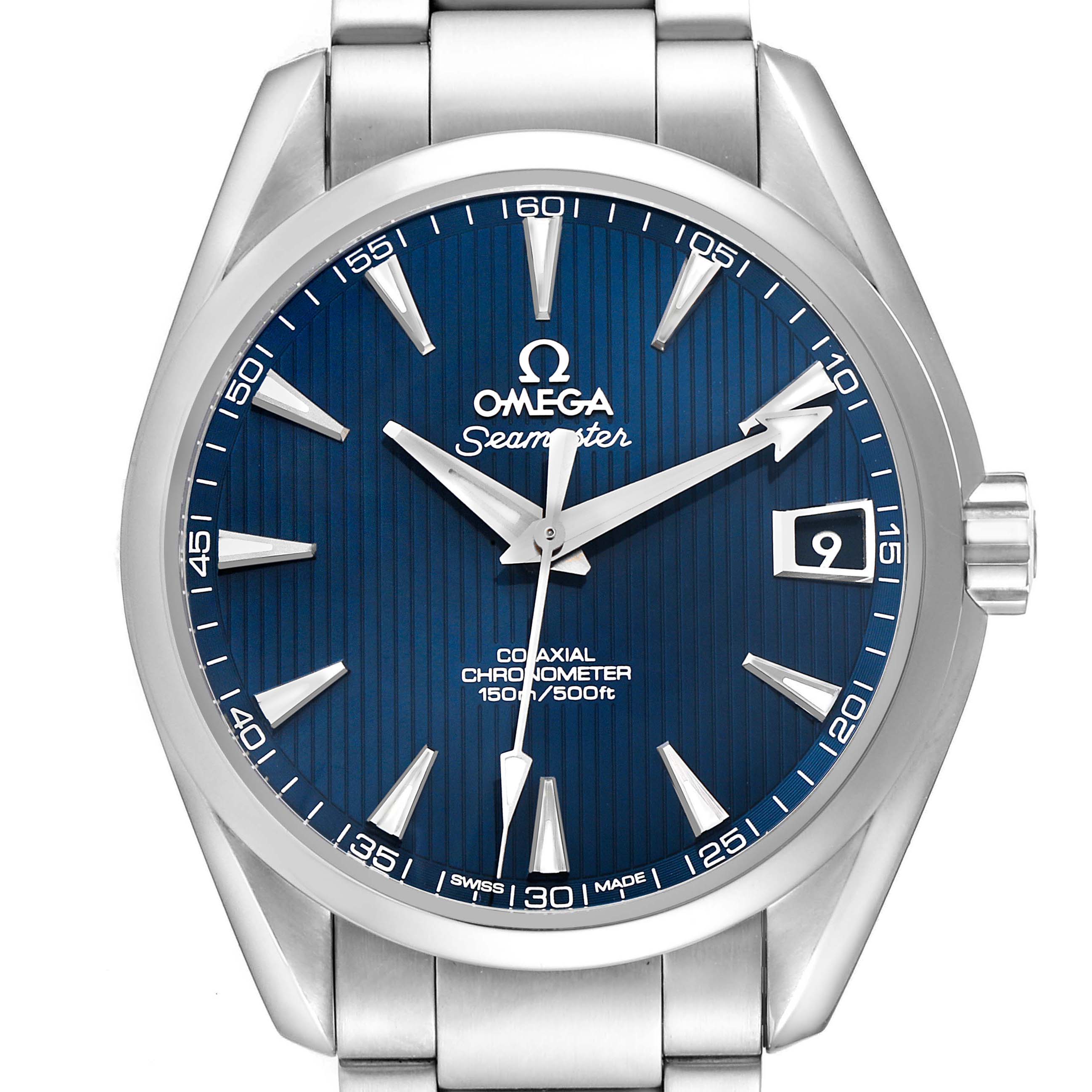 The Omega Aqua Terra 231.10.39.21.03.001 Men's Stainless Steel Blue Dial watch is shown from the front, highlighting its blue dial, hour markers, and stainless steel bracelet.