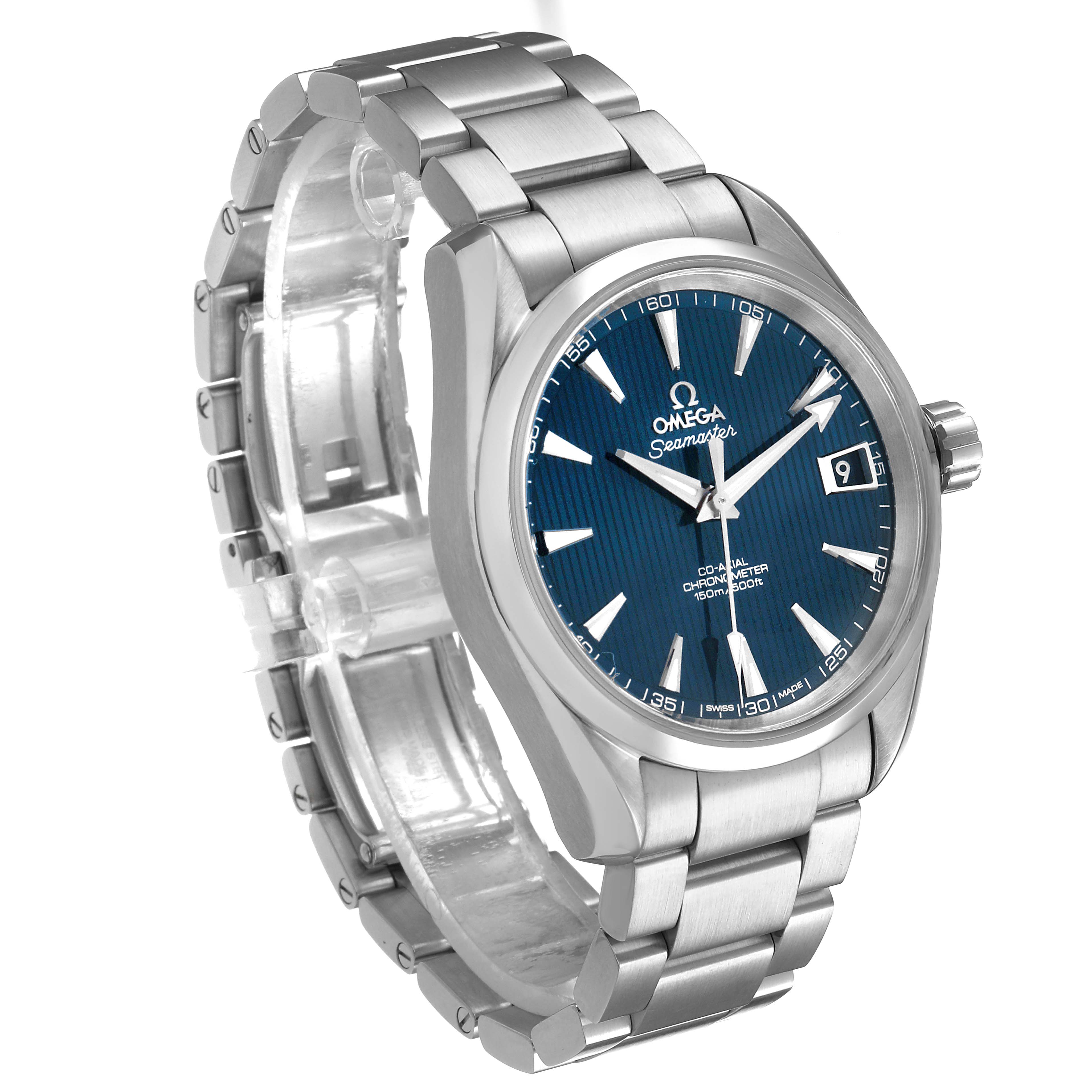 The Omega Aqua Terra 231.10.39.21.03.001 Men's Stainless Steel Blue Dial watch is shown at an angled front view, highlighting the dial, hands, date window, and metal bracelet.