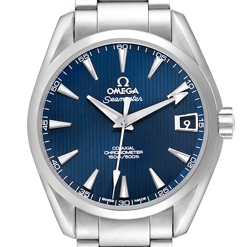 The Omega Aqua Terra 231.10.39.21.03.001 Men's Stainless Steel Blue Dial watch is shown from a front angle, highlighting its blue dial, silver indices, and metal bracelet.