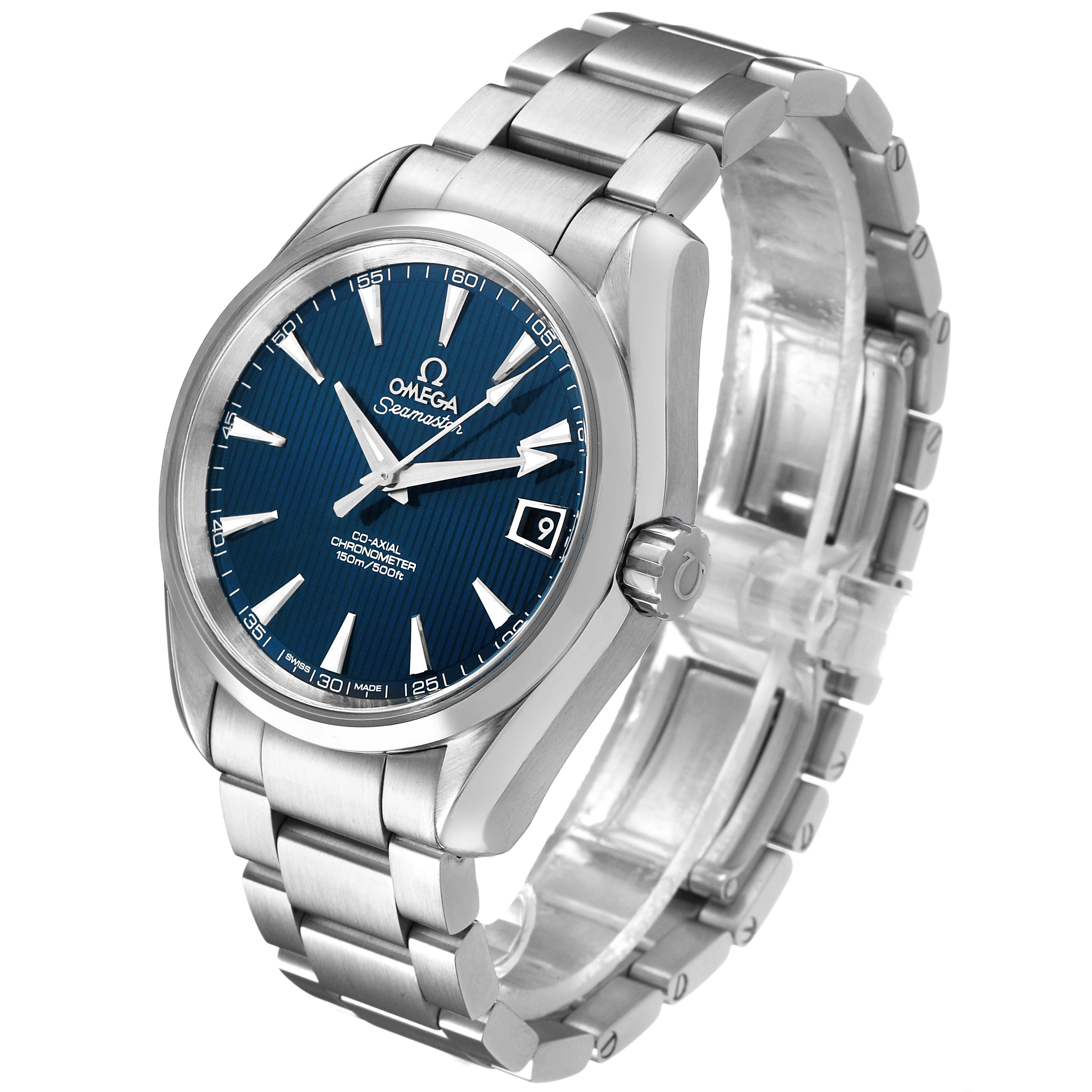The Omega Aqua Terra 231.10.39.21.03.001 Men's Stainless Steel Blue Dial watch is shown at a three-quarter angle, displaying the face, bracelet, and crown.