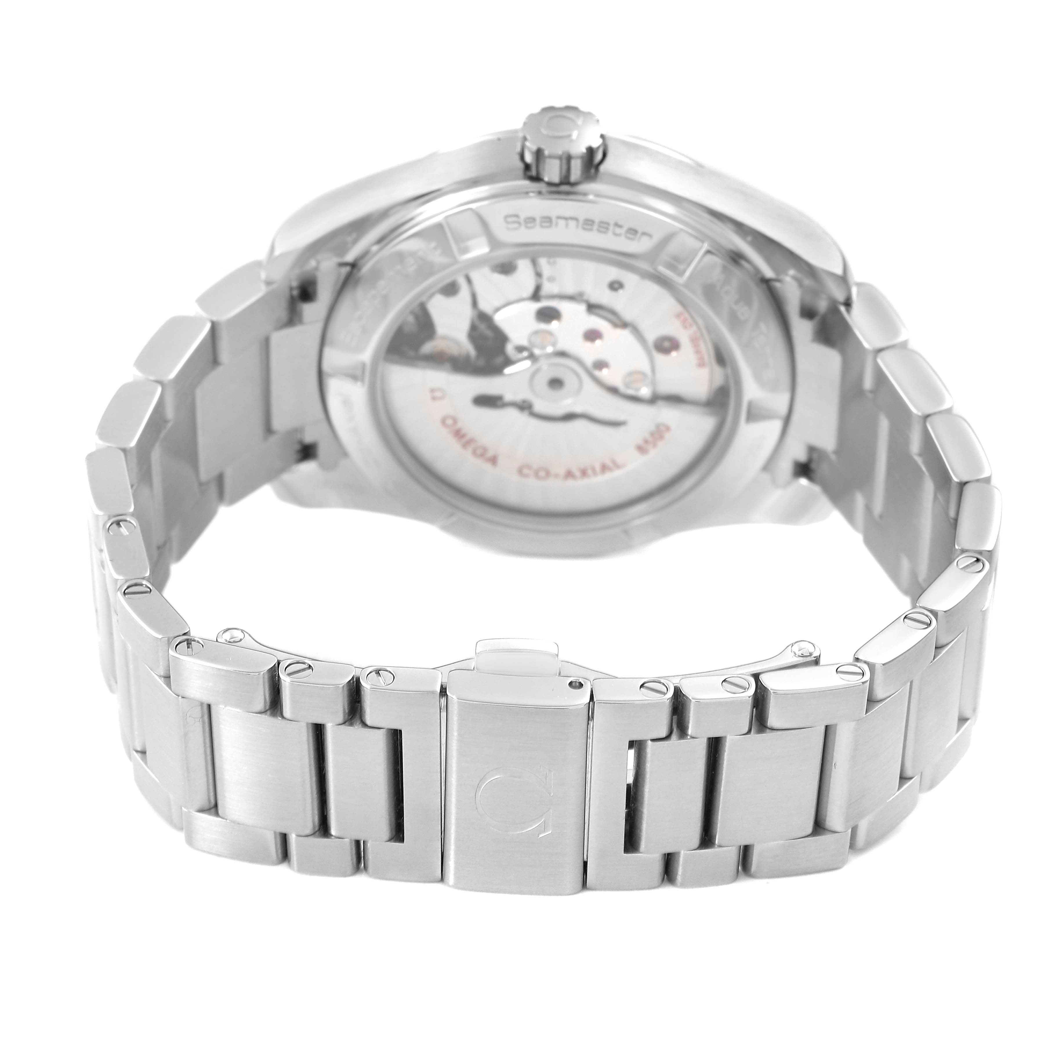 The Omega Aqua Terra 231.10.39.21.03.001 Men's Stainless Steel Blue Dial watch is shown from the back, highlighting the transparent case back and metal bracelet.