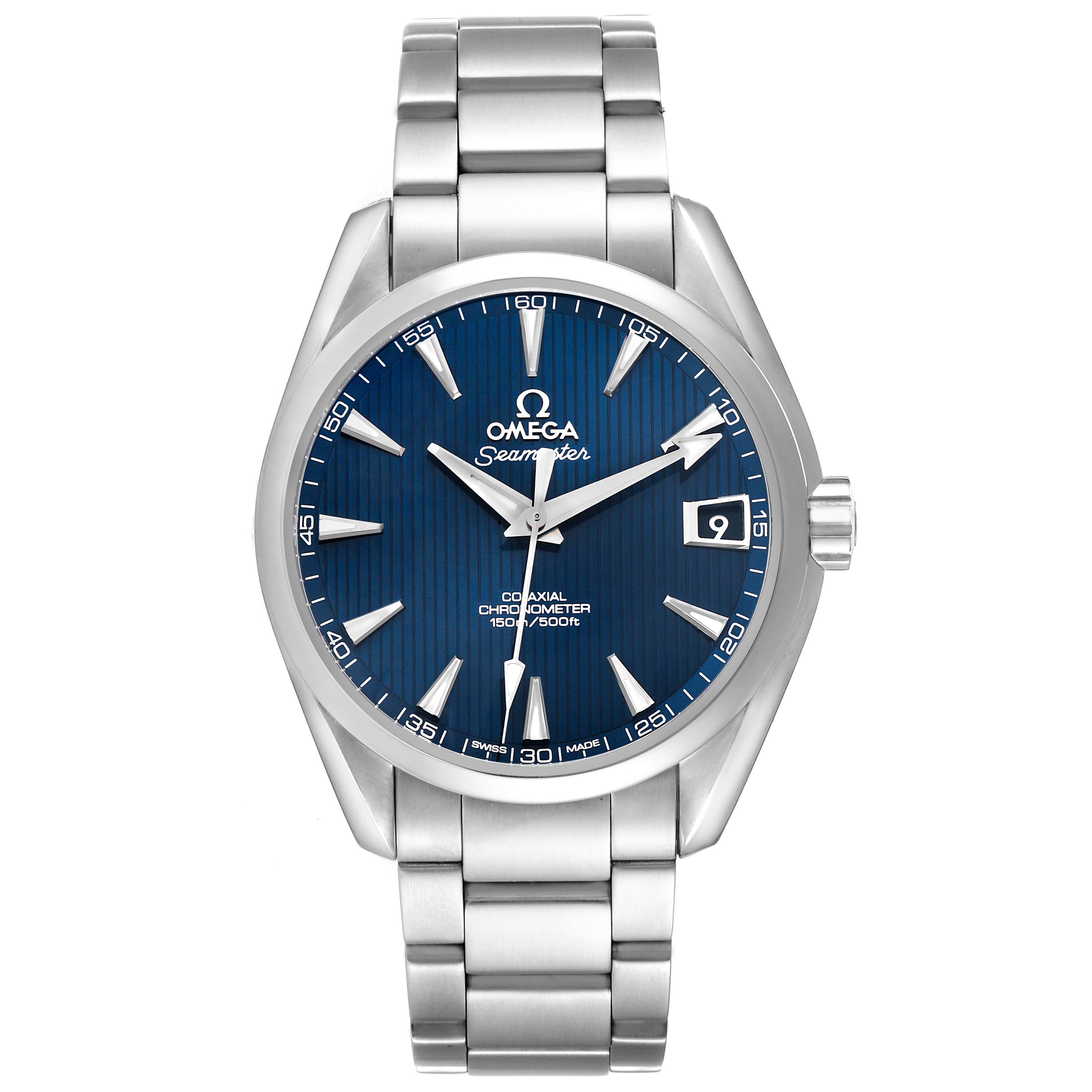 The Omega Aqua Terra 231.10.39.21.03.001 Men's Stainless Steel Blue Dial watch is shown from the front, highlighting its blue dial, silver indices, and stainless steel bracelet.