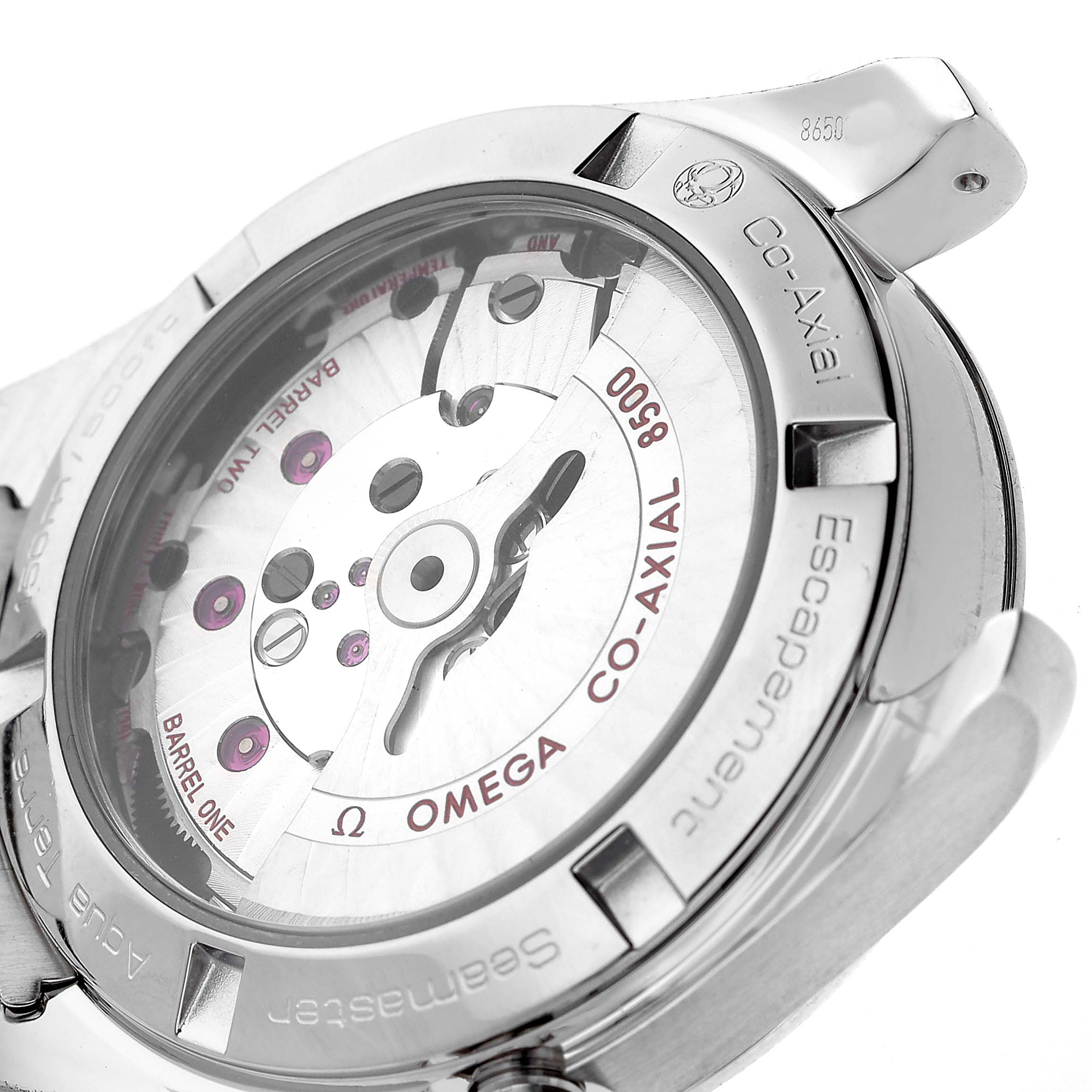 The image shows the back of the Omega Aqua Terra 231.10.39.21.03.001 Men's Stainless Steel Blue Dial watch, highlighting the Co-Axial movement and internal mechanics.