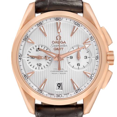 The Omega Aqua Terra watch is shown from a front angle, displaying the entire face, hands, subdials, and date window.