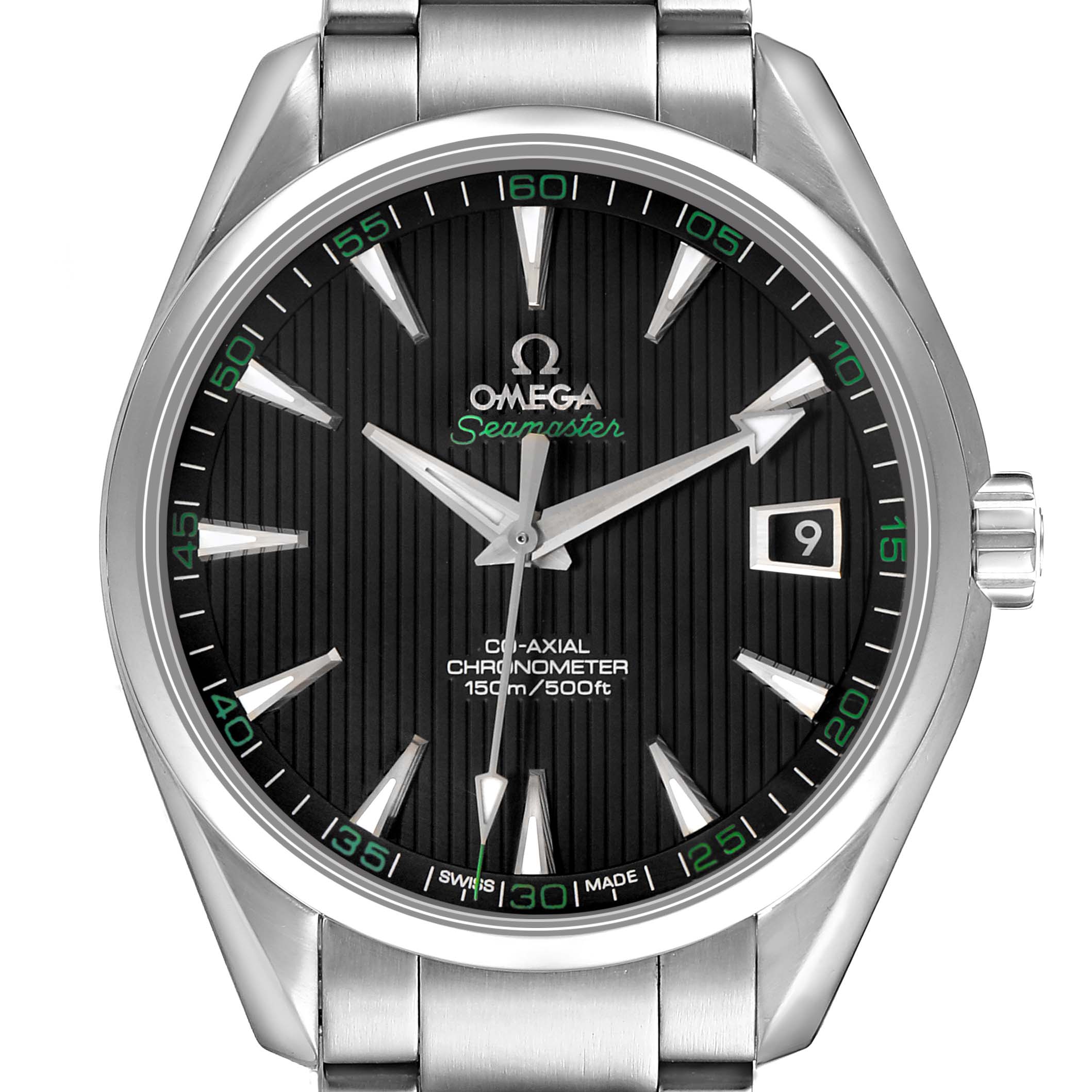 The Omega Aqua Terra 231.10.42.21.01.001 Men's Stainless Steel Black Dial watch is shown from a direct front angle, displaying its face, bezel, and part of the bracelet.