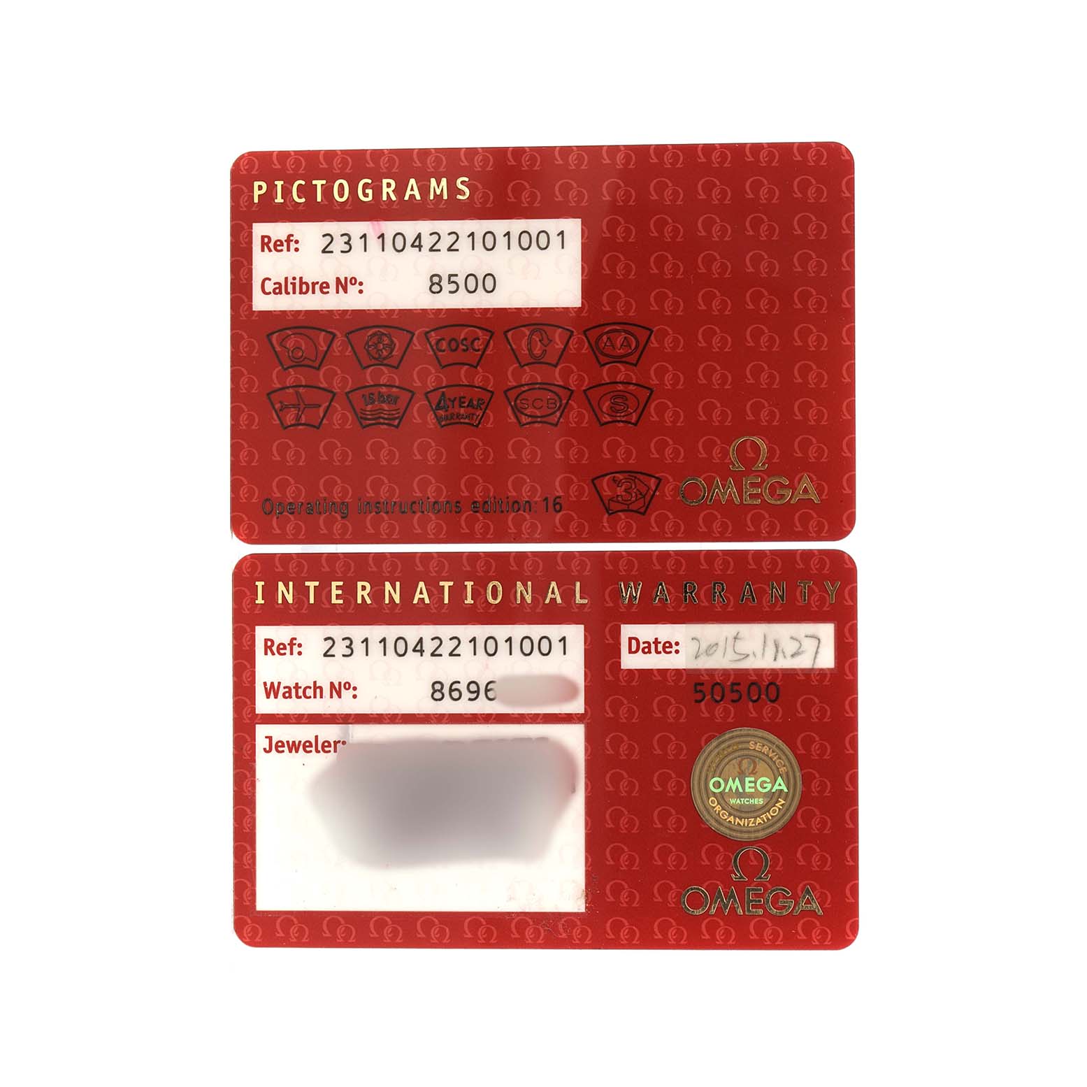 The image shows the Omega Aqua Terra 231.10.42.21.01.001 Men's Stainless Steel Black Dial model's pictograms and international warranty cards from a top-down view.