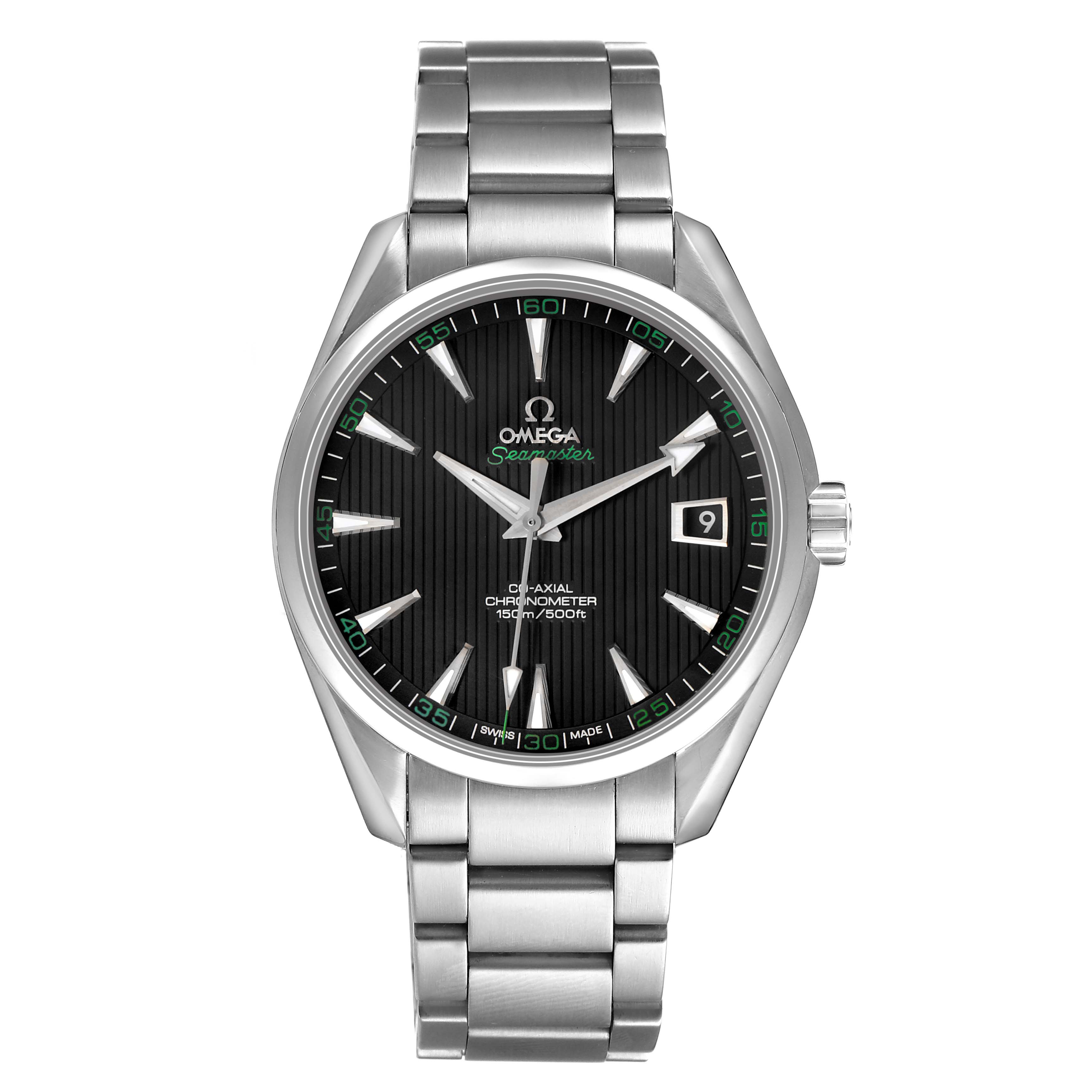 The Omega Aqua Terra 231.10.42.21.01.001 Men's Stainless Steel Black Dial model is shown from a front angle, displaying its face, bezel, and stainless steel bracelet.