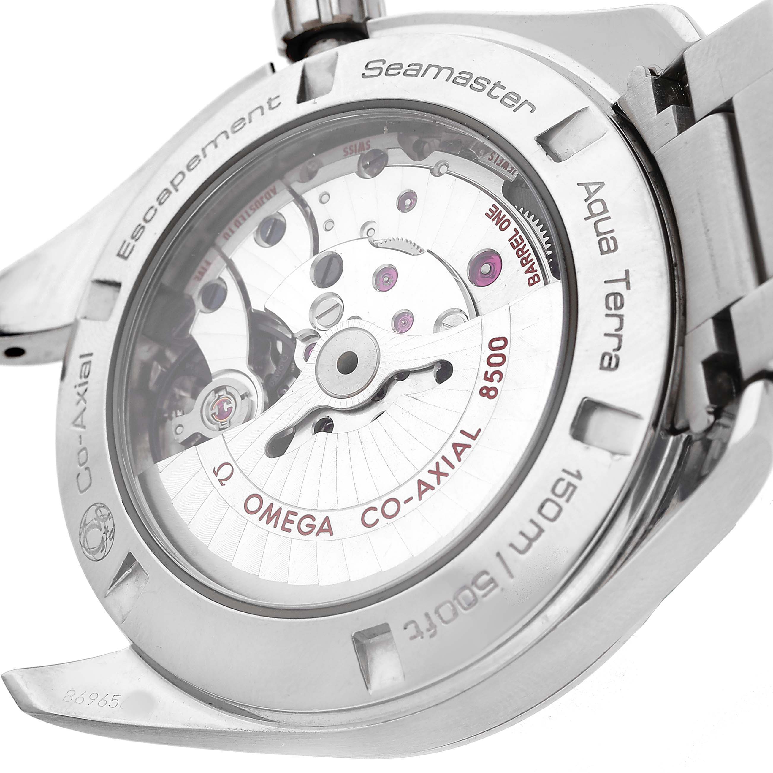 The image shows the back of the Omega Aqua Terra 231.10.42.21.01.001 Men's Stainless Steel Black Dial watch, highlighting the Co-Axial movement and markings.