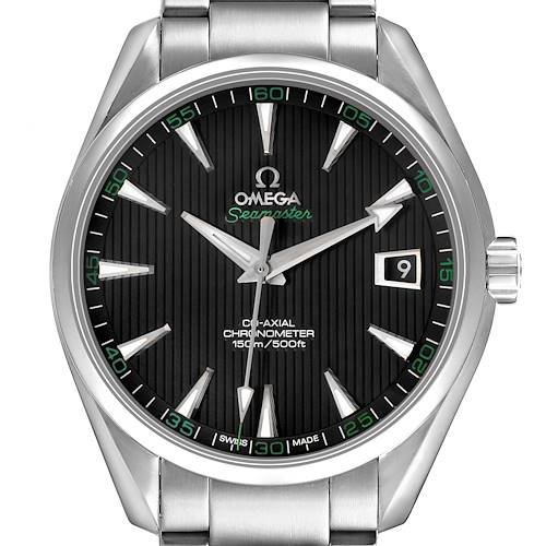 The Omega Aqua Terra 231.10.42.21.01.001 Men's Stainless Steel Black Dial watch is shown from the front, displaying its face, dial, hands, date window, and part of the bracelet.