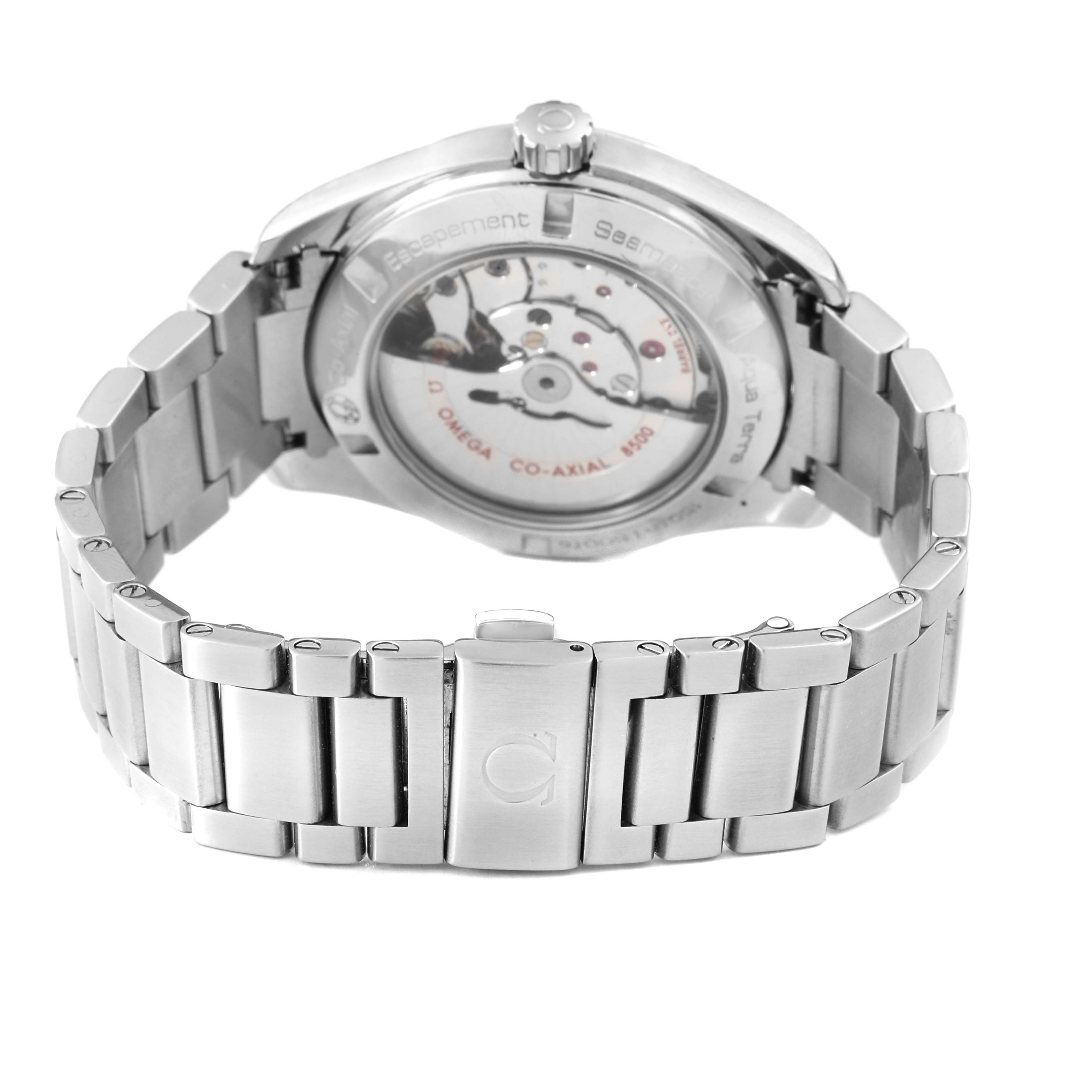 The image shows the back of the Omega Aqua Terra 231.10.42.21.01.001 Men's Stainless Steel Black Dial watch, highlighting the bracelet and transparent case back.