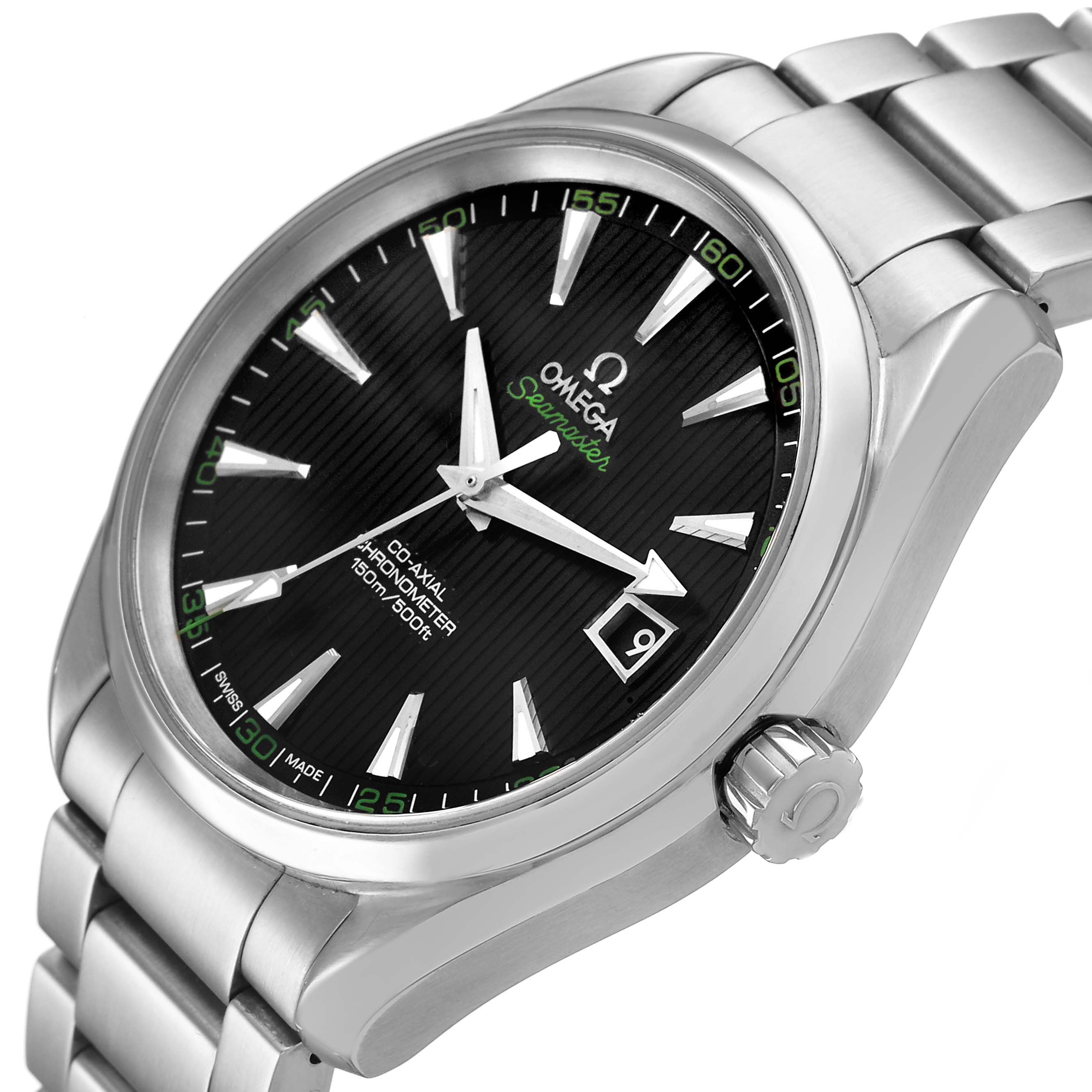 The Omega Aqua Terra 231.10.42.21.01.001 Men's Stainless Steel Black Dial watch is shown at an angled view, highlighting the dial, bezel, bracelet, and crown.