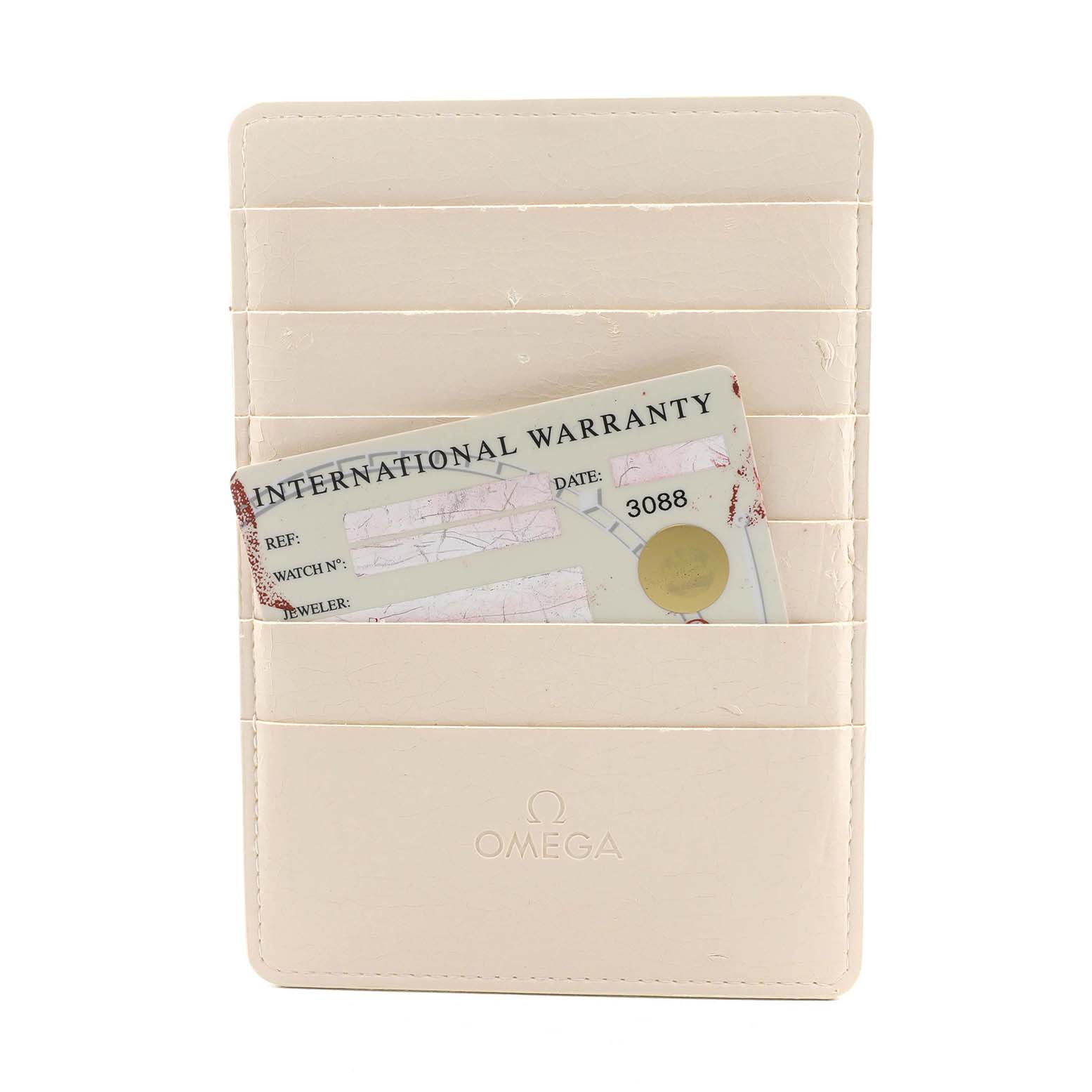 The image shows a cream Omega cardholder with an International Warranty card for the Omega Seamaster 2298.80.00 Men's Titanium Blue Dial.