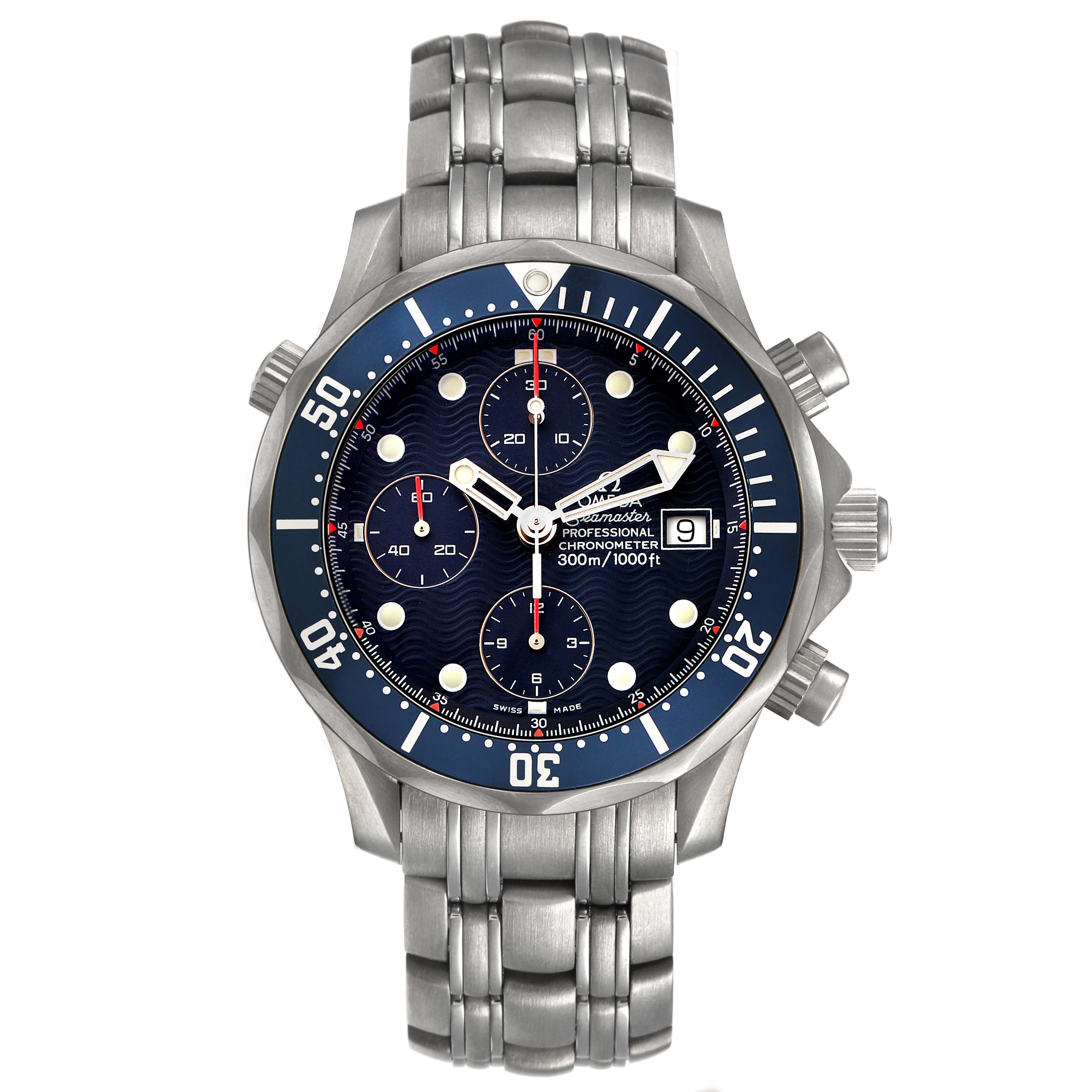The Omega Seamaster 2298.80.00 Men's Titanium Blue Dial watch is shown from the front, displaying the dial, bezel, bracelet, and chronograph subdials.