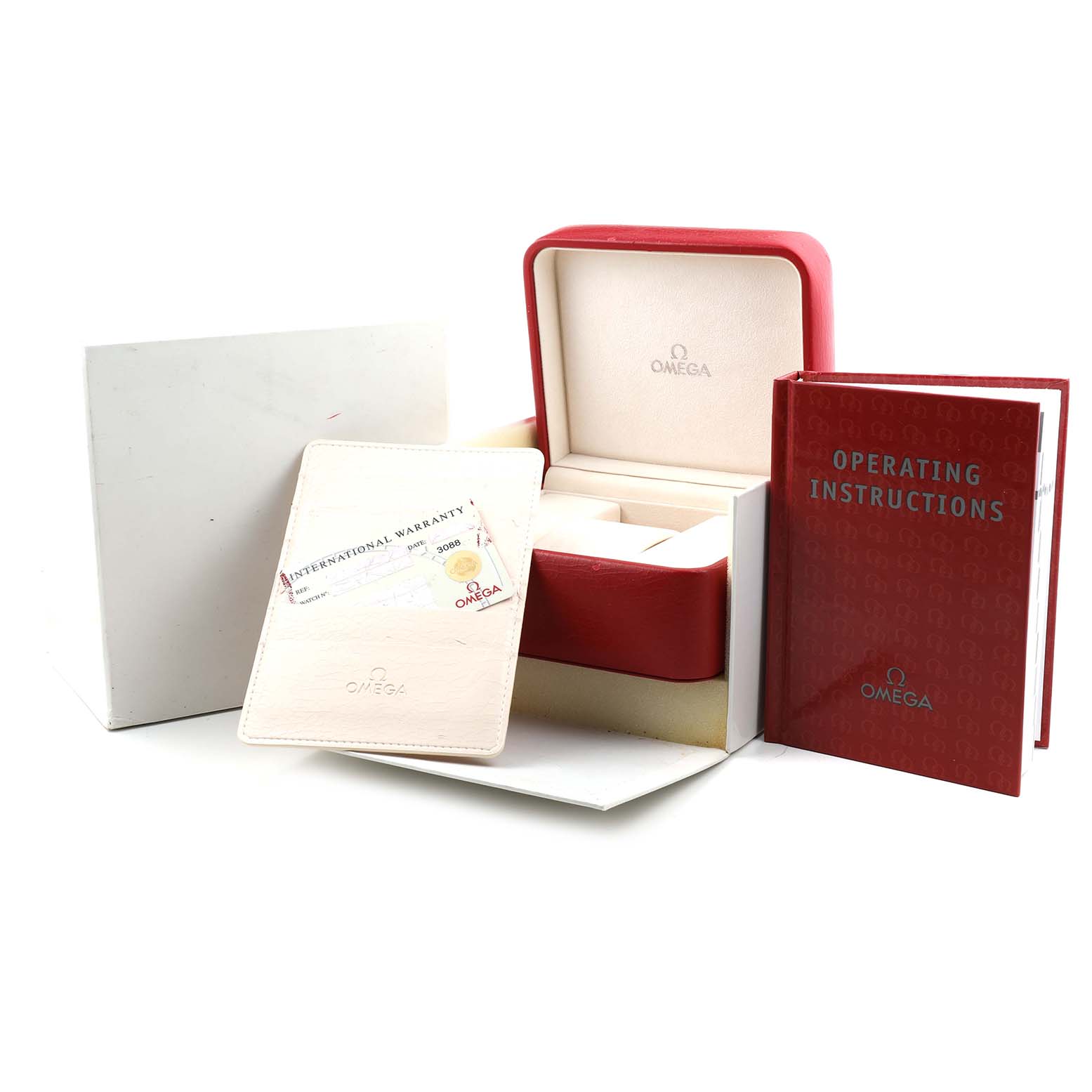 The Omega Seamaster 2298.80.00 Men's Titanium Blue Dial accessories shown include the watch box, warranty card, and operating instructions from a frontal angle.