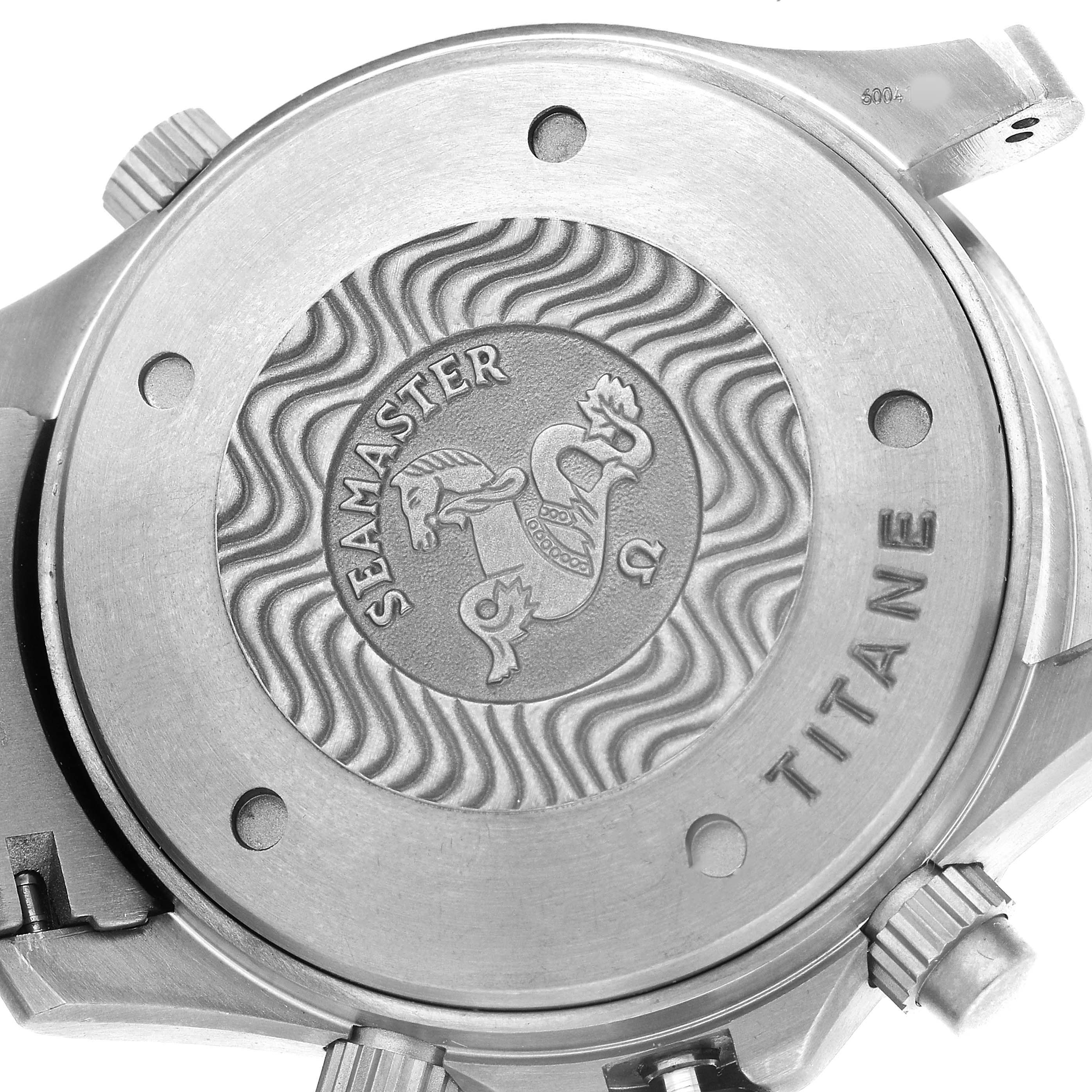 The image shows the back case of the Omega Seamaster 2298.80.00 Men's Titanium Blue Dial watch, featuring its embossed logo.