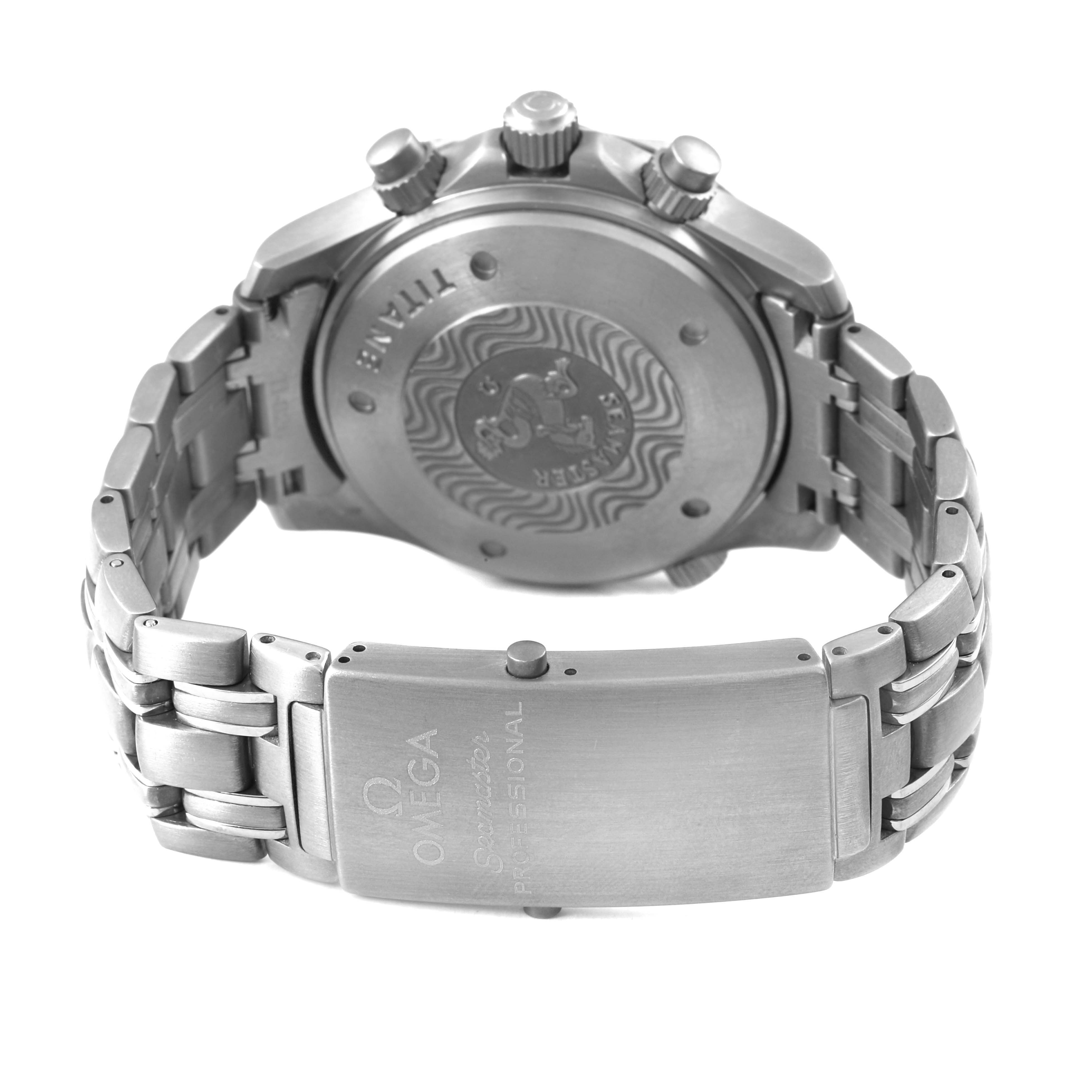 The image shows the back case and clasp of an Omega Seamaster 2298.80.00 Men's Titanium Blue Dial watch, angled to reveal the rear and part of the bracelet.