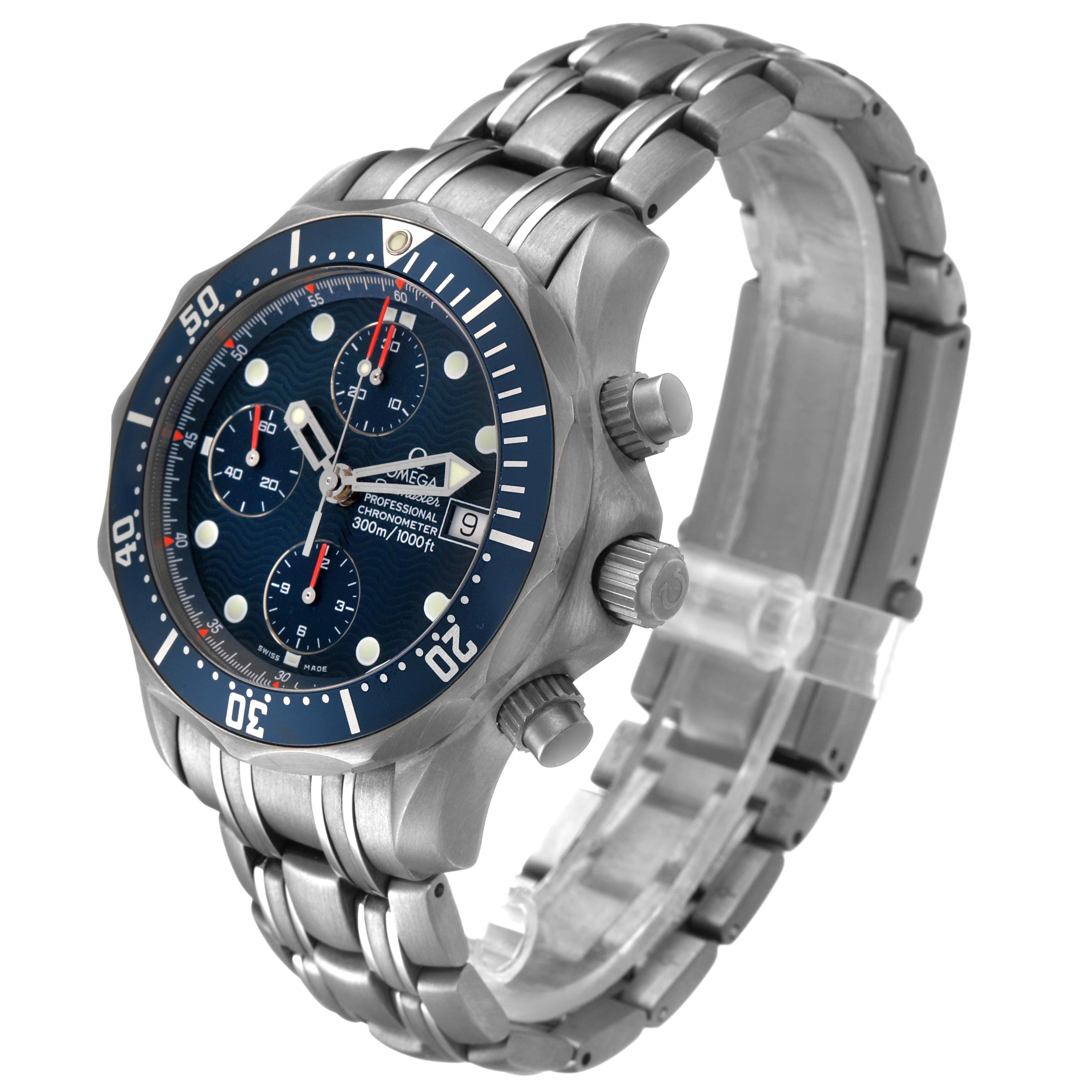 The image shows a side angle of an Omega Seamaster 2298.80.00 Men's Titanium Blue Dial watch, highlighting the bezel, face, and metal bracelet.