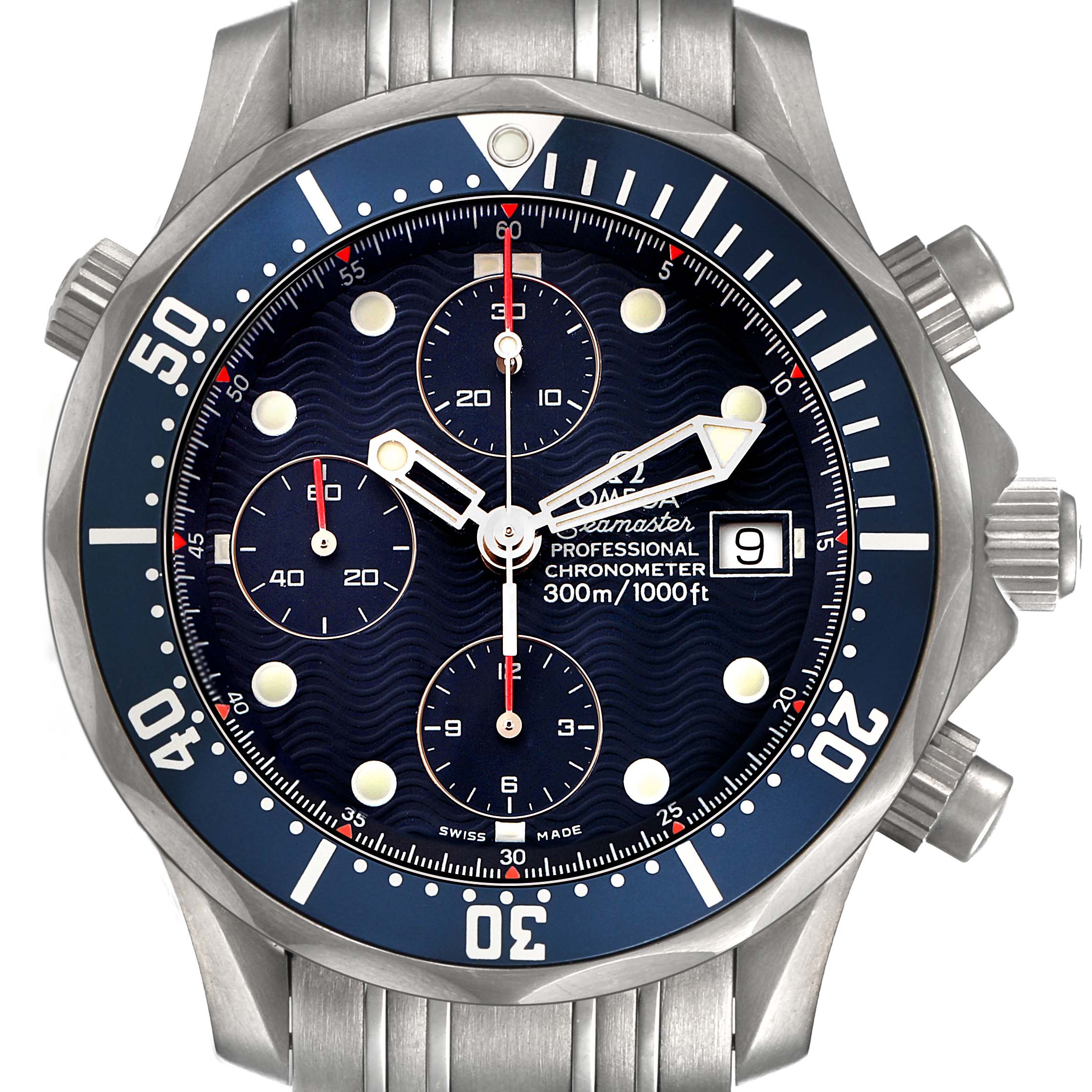 The Omega Seamaster 2298.80.00 Men's Titanium Blue Dial watch is shown from a front angle, displaying its dial, bezel, chronograph subdials, and date window.