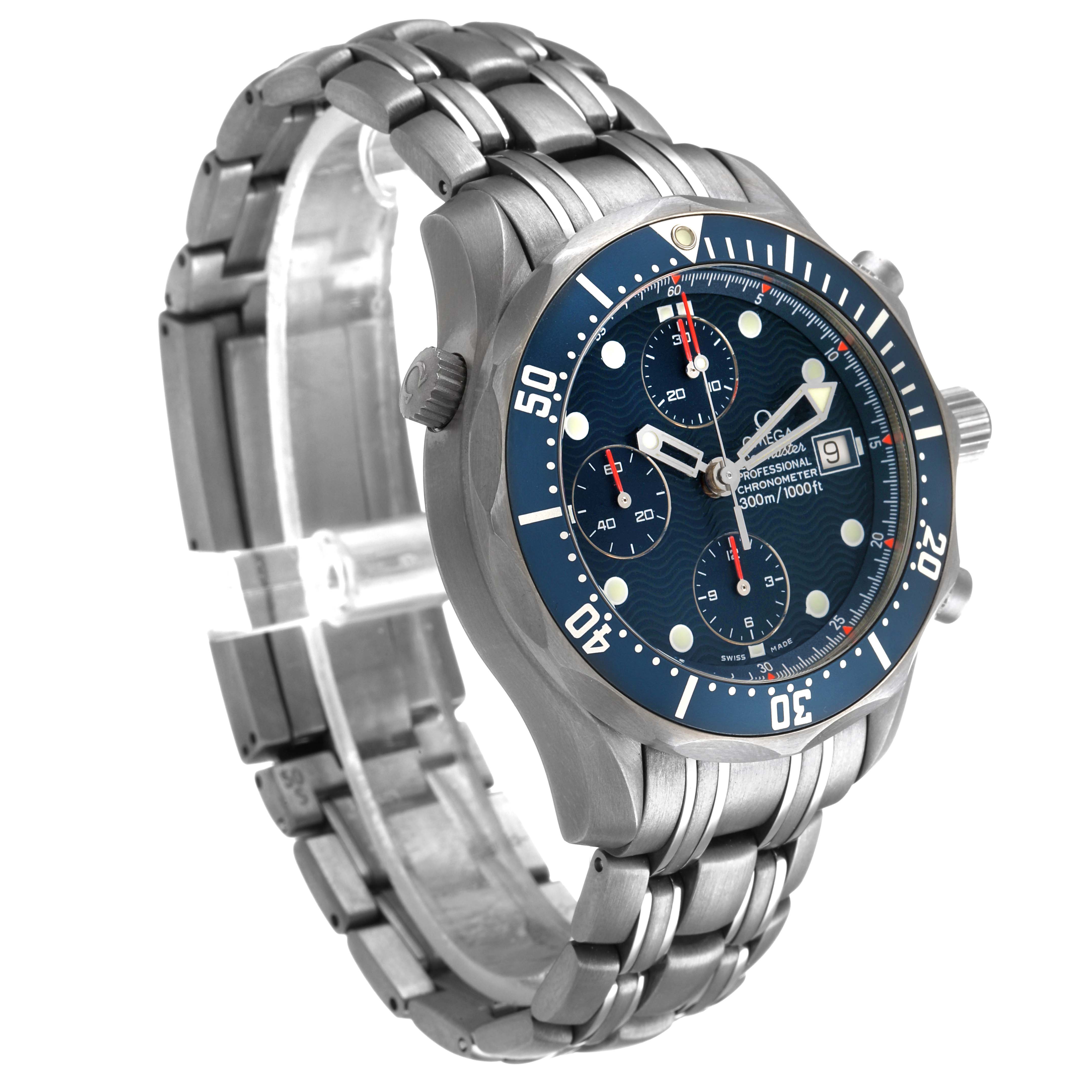 The Omega Seamaster 2298.80.00 Men's Titanium Blue Dial watch is shown at an angle highlighting the face, bezel, and band.