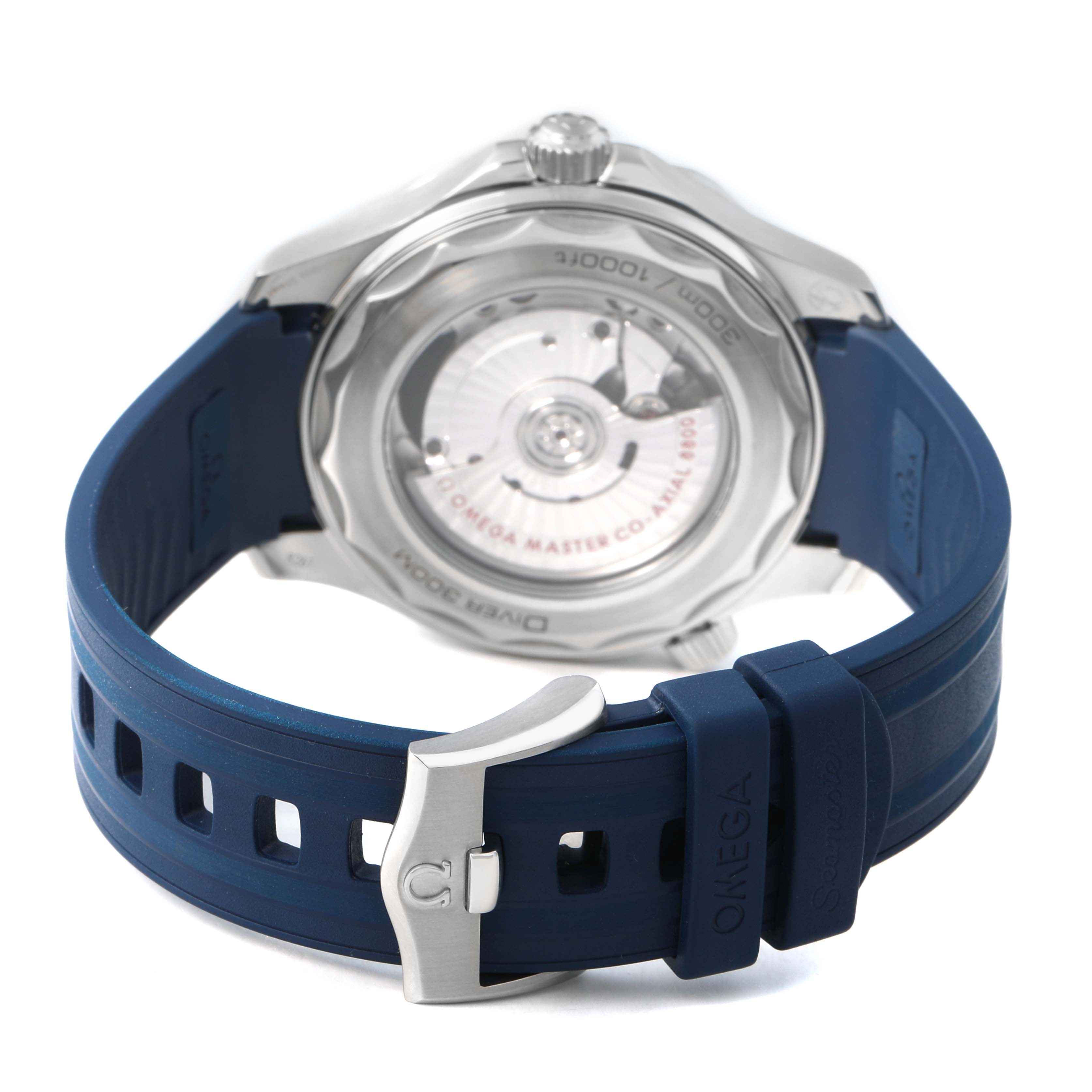 The Omega Seamaster 210.32.42.20.06.001 Men's Stainless Steel Grey Dial watch is shown from the back, displaying its caseback and blue rubber strap with a buckle.