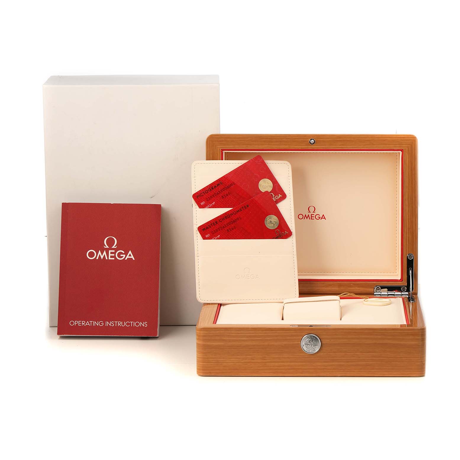 The image shows the packaging and accessories of the Omega Seamaster 210.32.42.20.06.001 Men's Stainless Steel Grey Dial, including a wooden box, instruction manual, and cards.