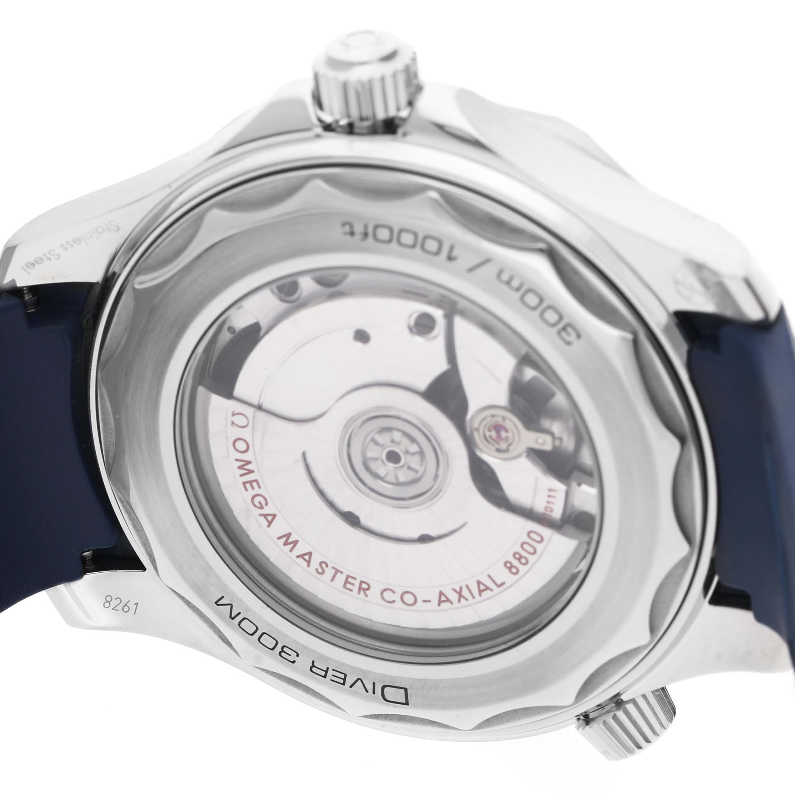 The Omega Seamaster 210.32.42.20.06.001 Men's Stainless Steel Grey Dial watch is shown from the back, highlighting the movement and transparent case back.