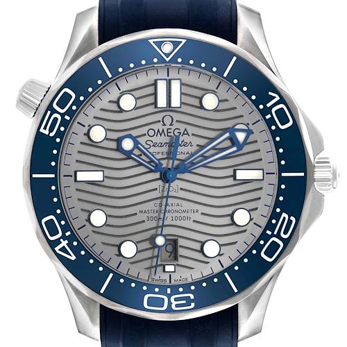 The Omega Seamaster 210.32.42.20.06.001 Men's Stainless Steel Grey Dial watch is shown from a front view, highlighting the dial, bezel, hands, and round markers.