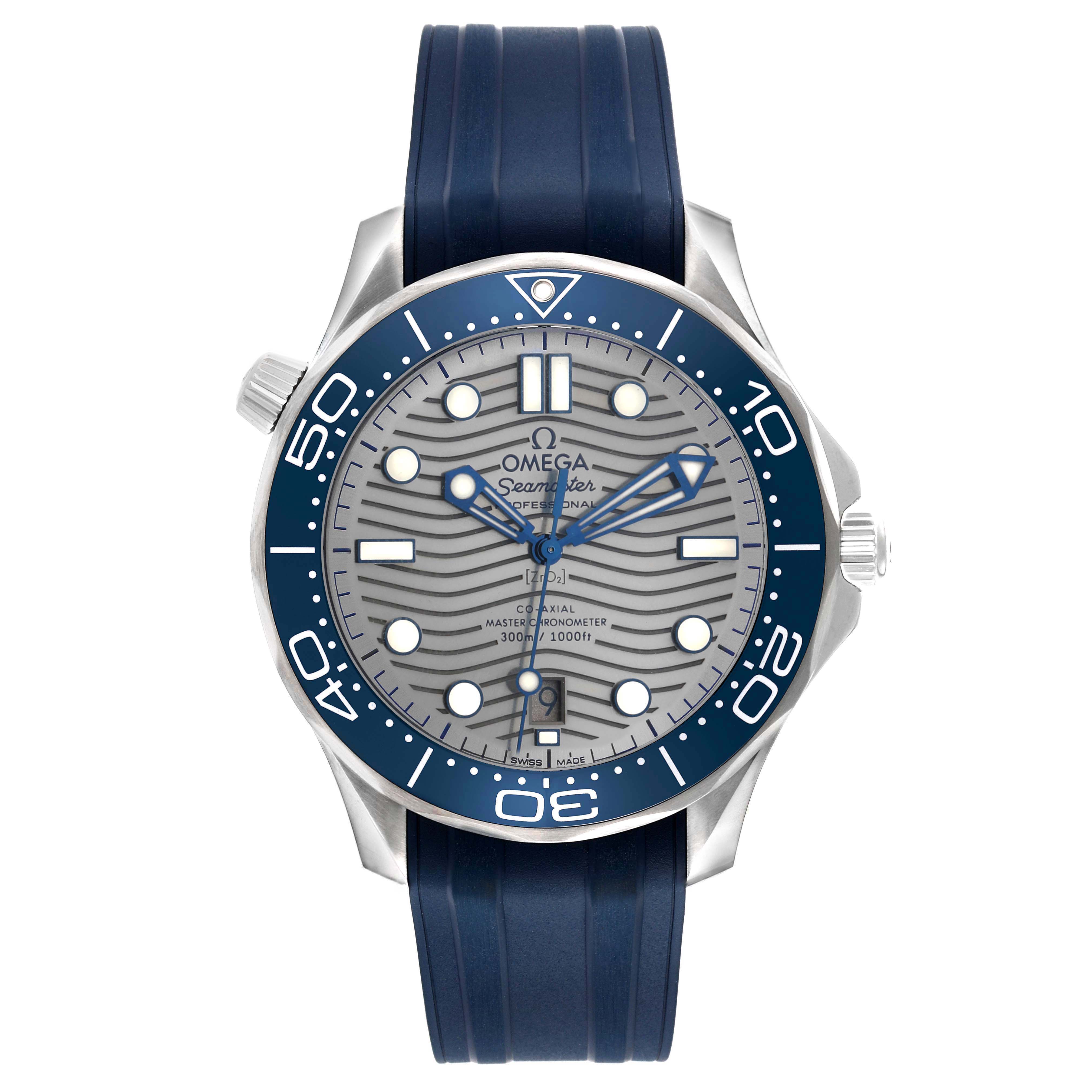 The Omega Seamaster 210.32.42.20.06.001 Men's Stainless Steel Grey Dial watch is shown from the front, displaying its dial, bezel, and blue rubber strap.