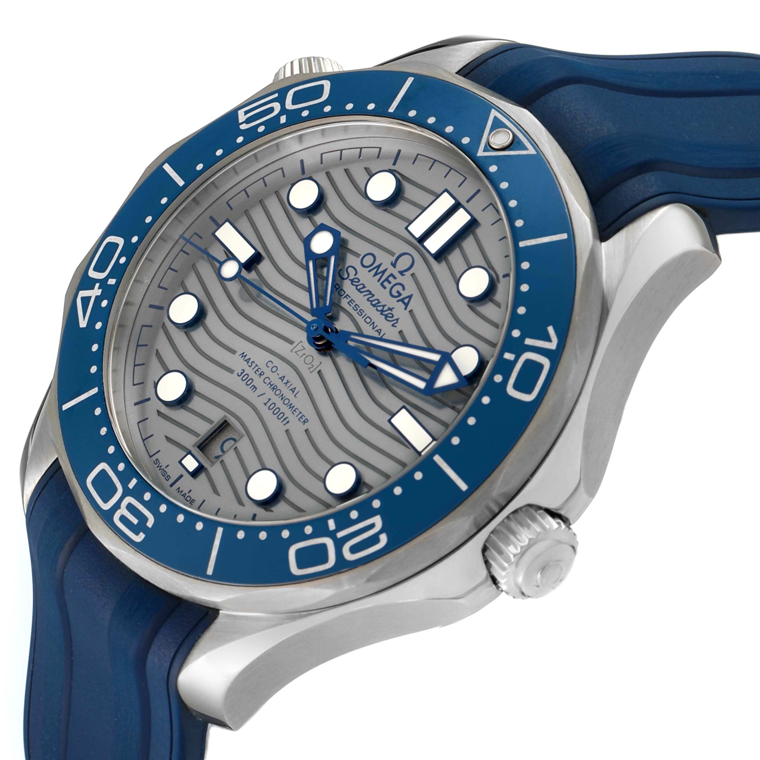 The Omega Seamaster 210.32.42.20.06.001 Men's Stainless Steel Grey Dial is shown at a slight angle, highlighting the bezel, dial, crown, and blue strap.