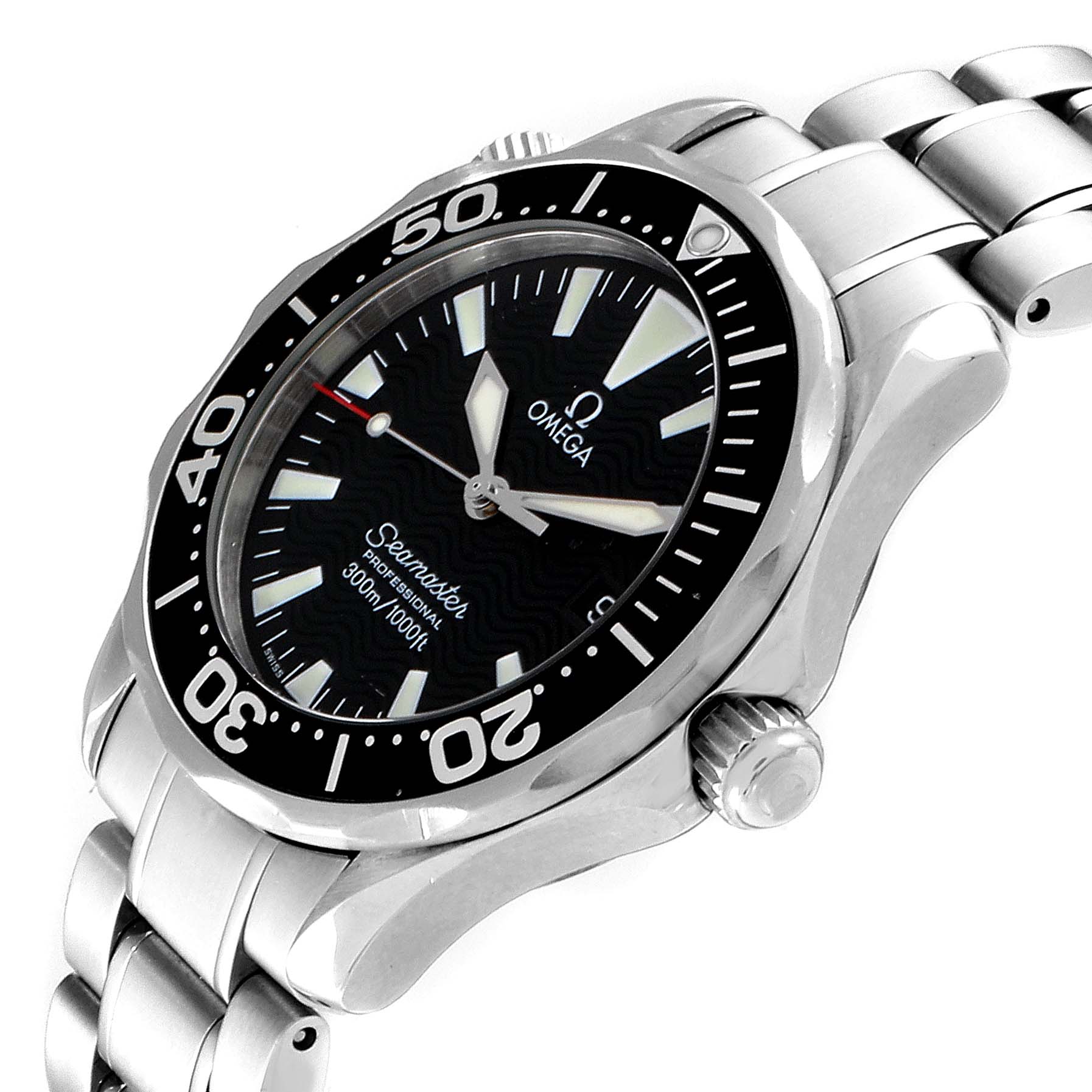 This image shows the Omega Speedmaster 2262.50.00  Men
s Stainless Steel Black Dial 2262.50.00  Men
s Stainless Steel Black Dial watch at a three-quarter angle, displaying the dial, bezel, crown, and part of the bracelet.