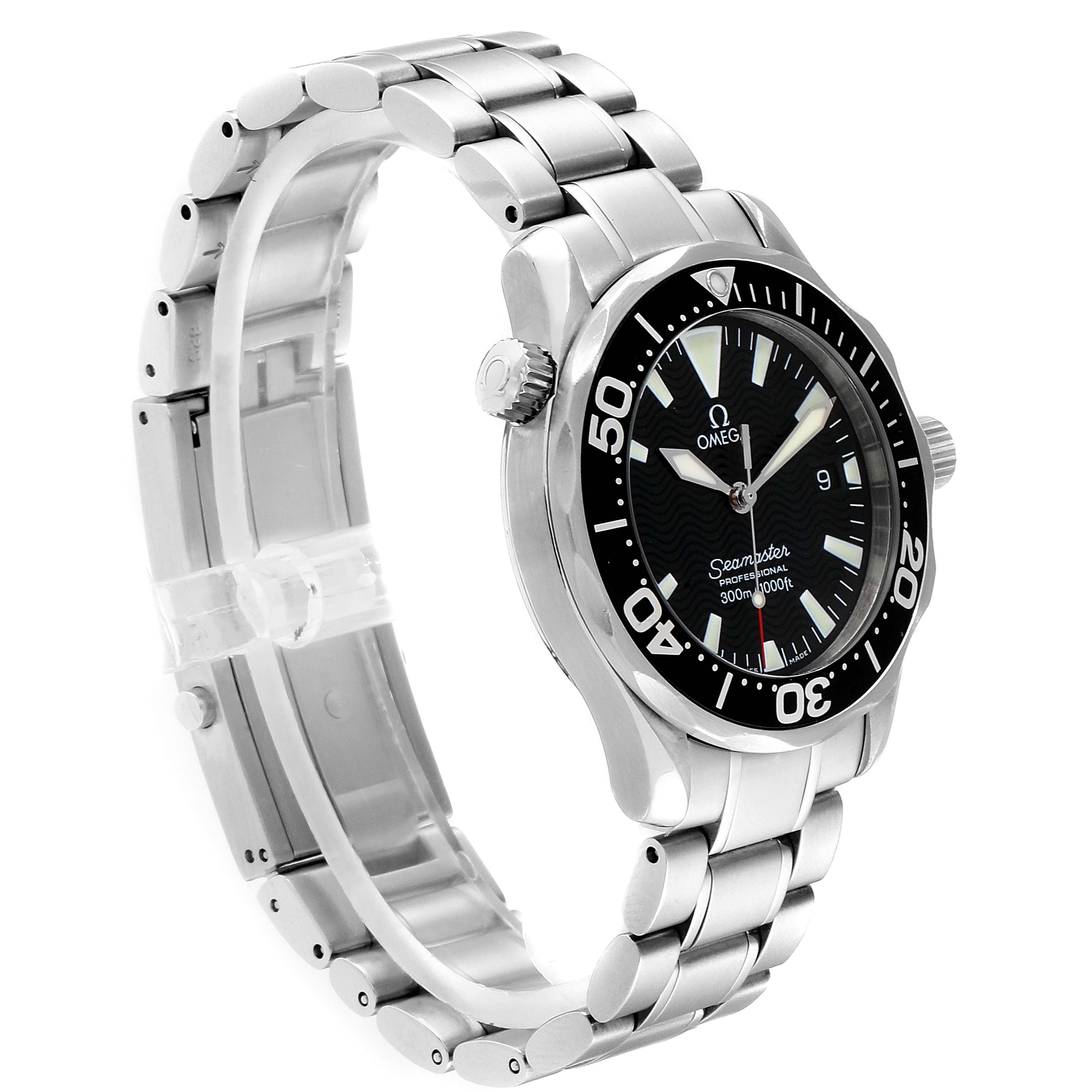 The Omega Speedmaster 2262.50.00  Men
s Stainless Steel Black Dial 2262.50.00  Men
s Stainless Steel Black Dial watch is shown from a side-angle view, highlighting the face, bezel, and stainless steel bracelet.