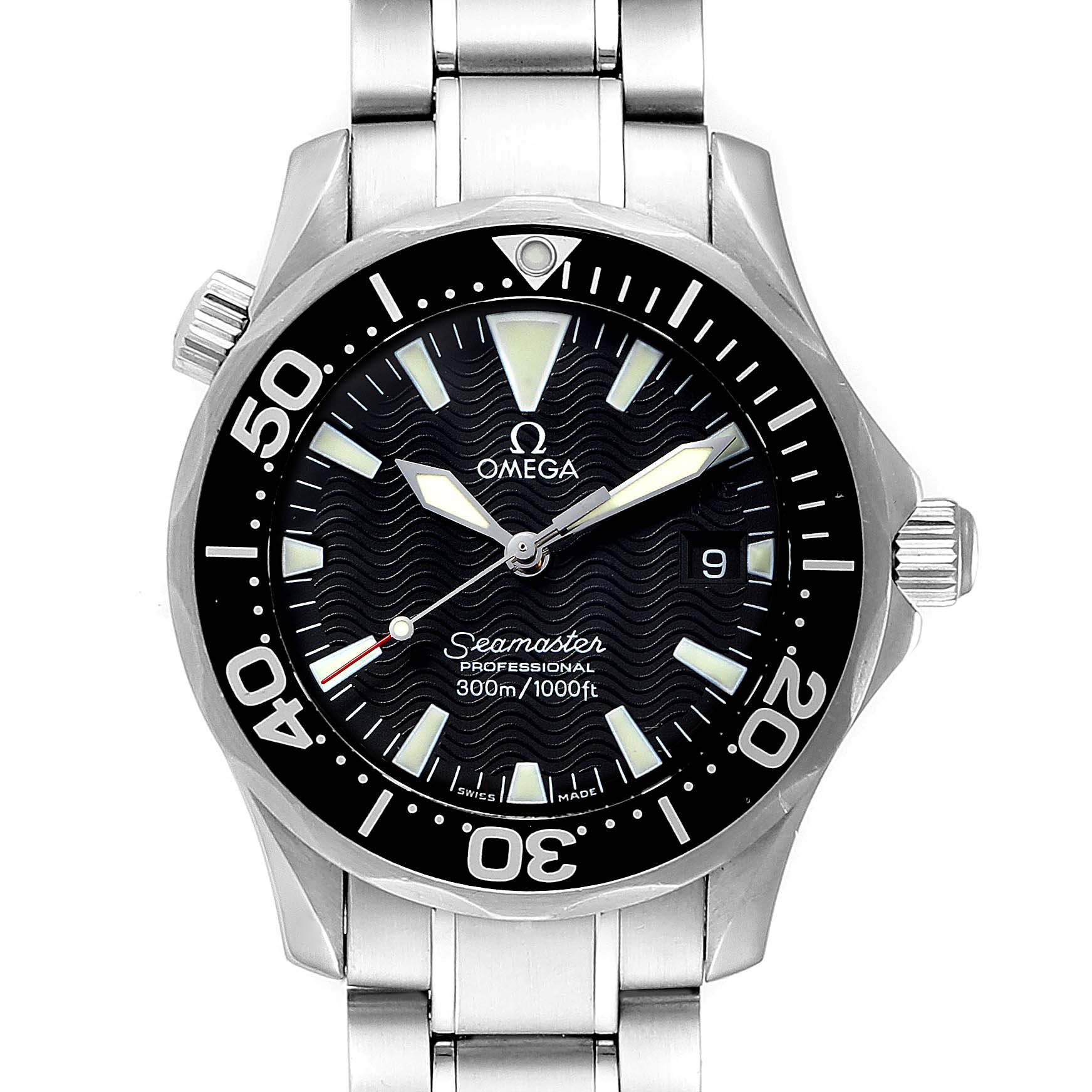 This image shows the front view of an Omega Seamaster Professional watch, highlighting its dial, bezel, and bracelet.