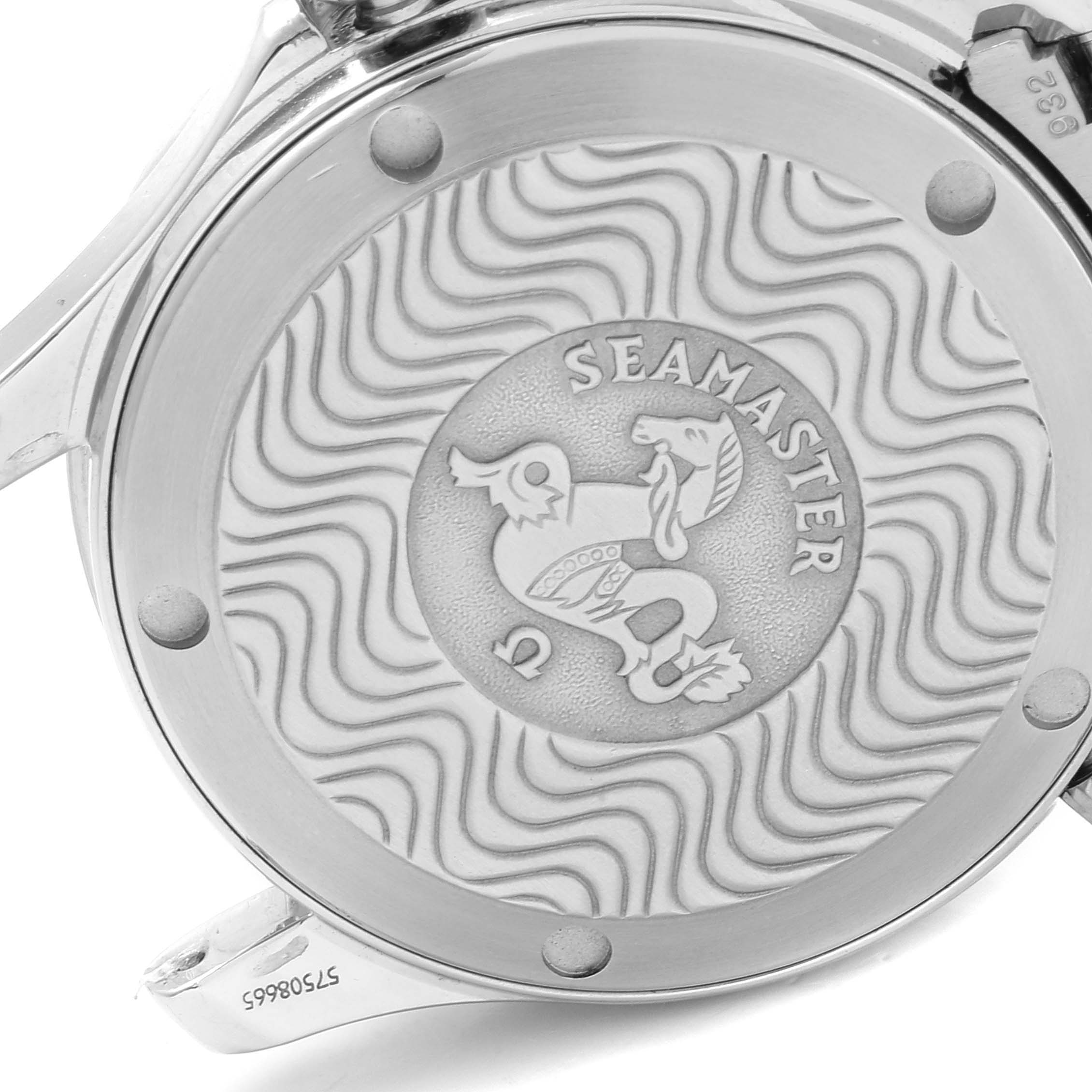 This is an image of the case back of an Omega Seamaster watch, showing the embossed logo and wavy pattern.