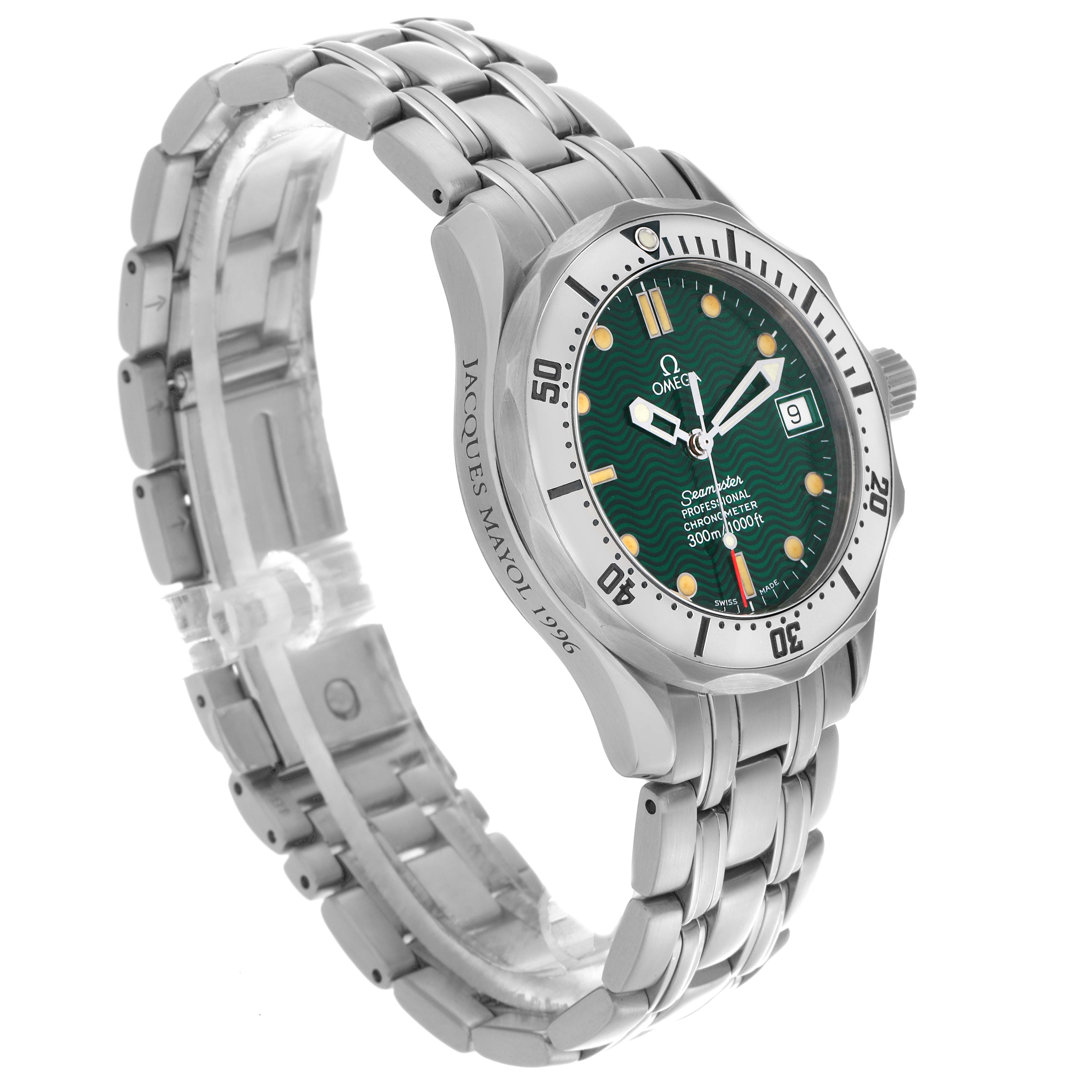 The Omega Seamaster 2553.41.00 Men's Stainless Steel Green Dial 2553.41.00 Men's Stainless Steel Green Dial watch is shown at an oblique angle, highlighting the face, bezel, crown, and metal bracelet.